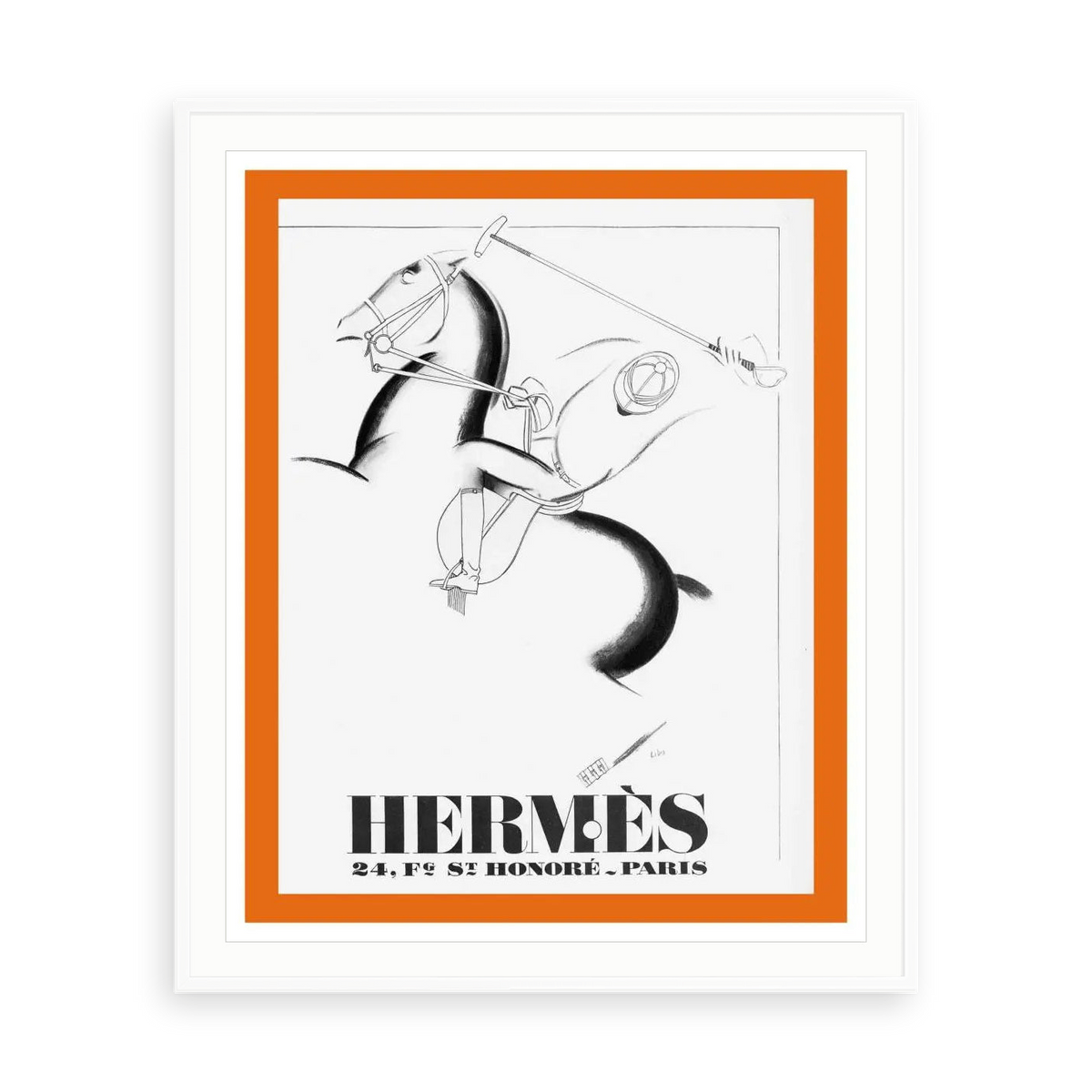 Vintage Hermes Poster 1932 Leather Brand — illustrative matte-white framed paper print with white mat; proportions vary by size.
