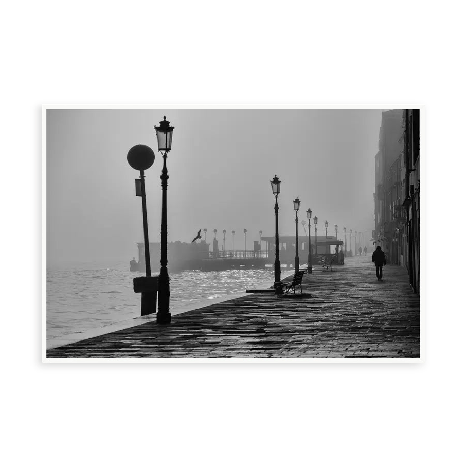 Morning Fog in Venice — illustrative narrow matte-white framed metal print, no added mat.
