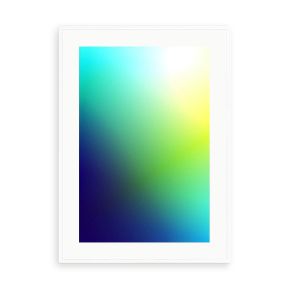 Transcolored by A Gerber — illustrative matte-white framed preview with a white mat. Proportions vary by size.