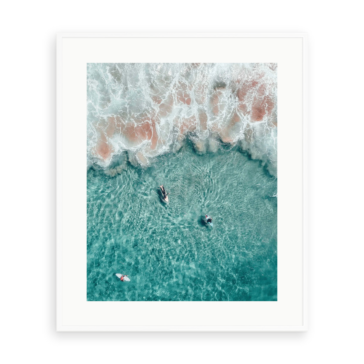 Surf In Tahiti by A. Krowitz — illustrative matte-white framed preview with a white mat. Proportions vary by size.
