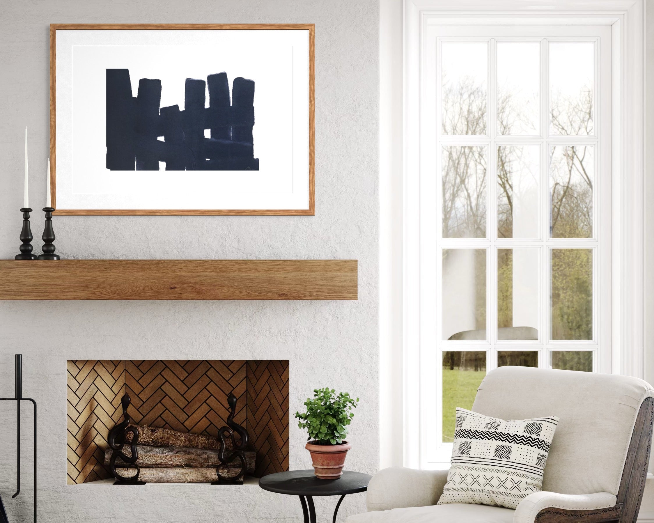 Still Thought by Marie Adeline featured in a modern hallway gallery wall, an elegant choice for real estate staging art and curated art collections.