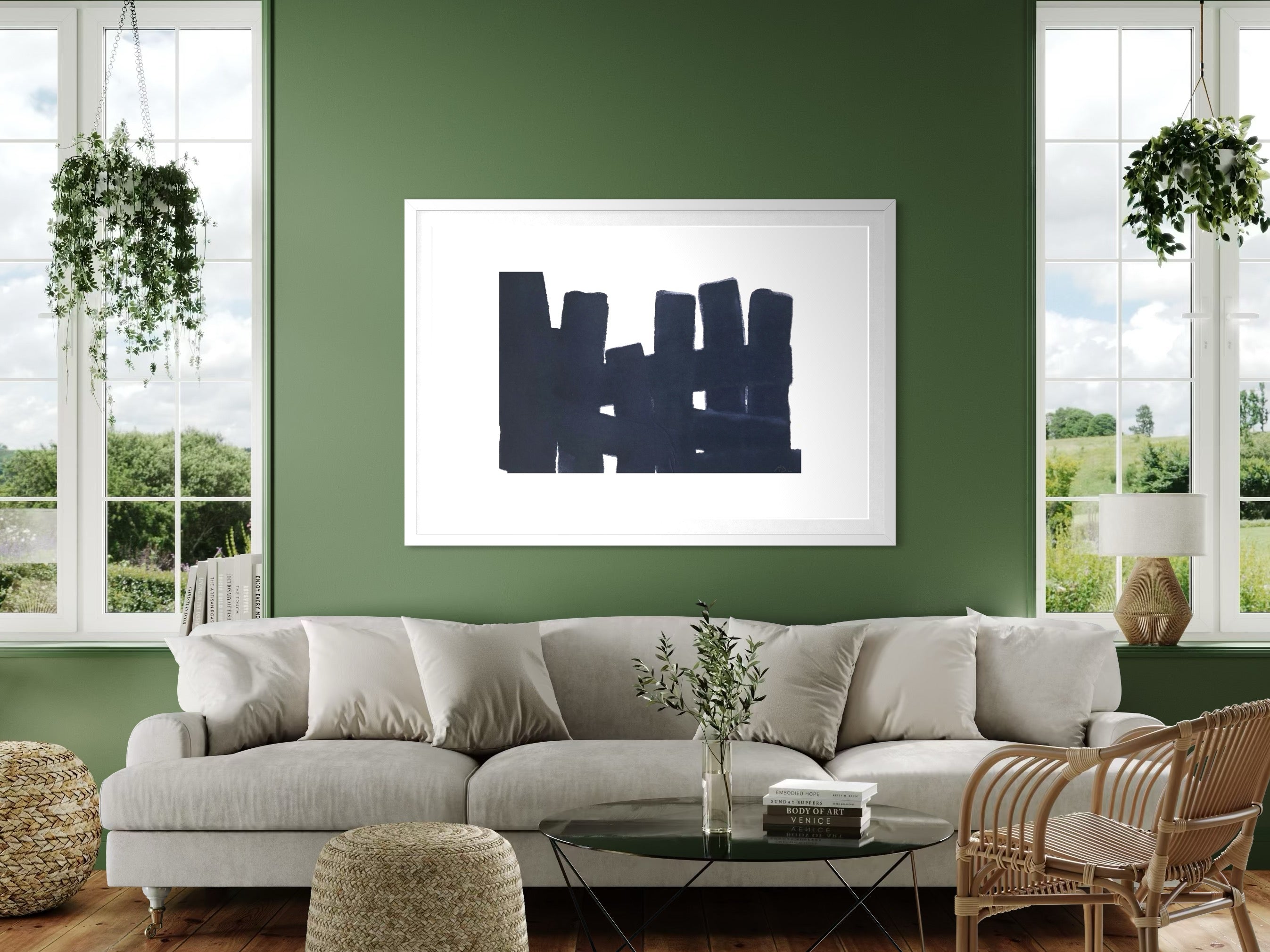 Still Thought by Marie Adeline shown in a hotel lobby, framed art for hospitality that elevates aesthetic solutions for hospitality and licensed art for businesses.