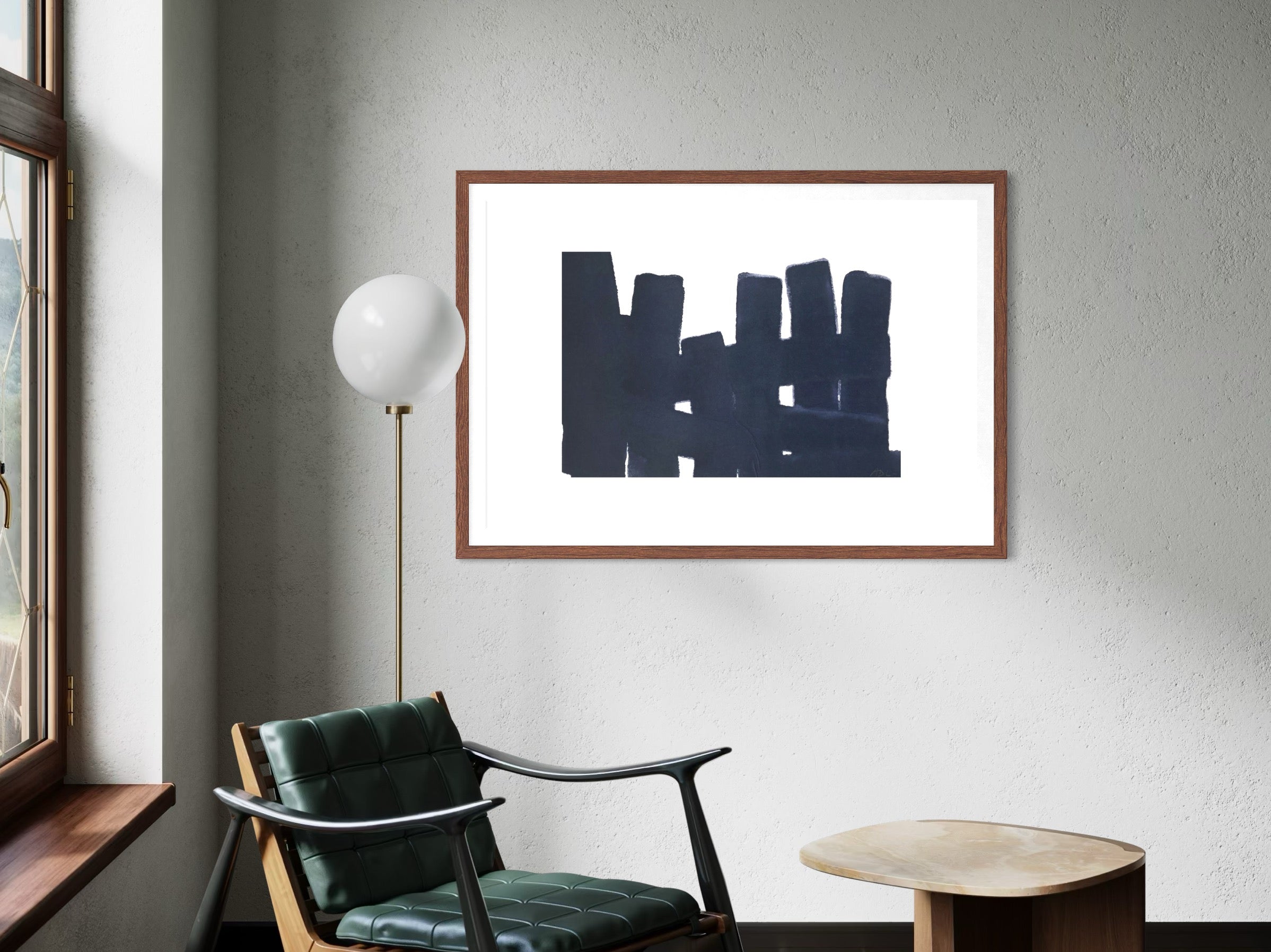 Still Thought by Marie Adeline shown in a hotel lobby, framed art for hospitality that elevates aesthetic solutions for hospitality and licensed art for businesses.