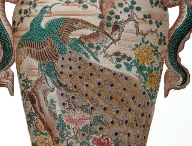 Chinese Vase In Green And Pink shown in a minimalist home decor setting
