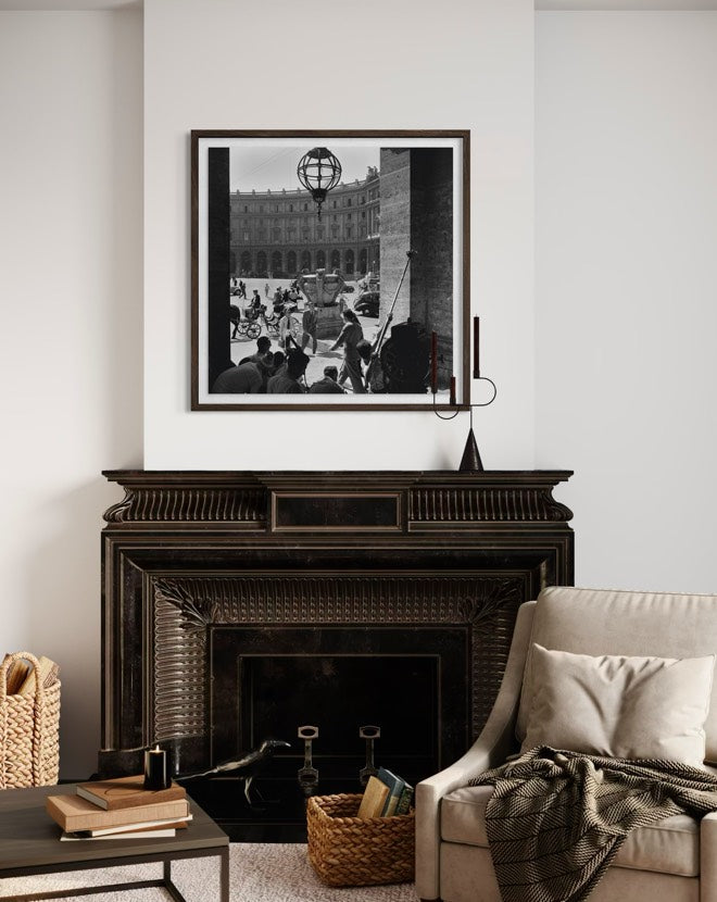 September Affair, Rome by Slim Aarons displayed in a contemporary living room, bringing cinematic history and Italian cultural elegance to designer-grade wall decor.