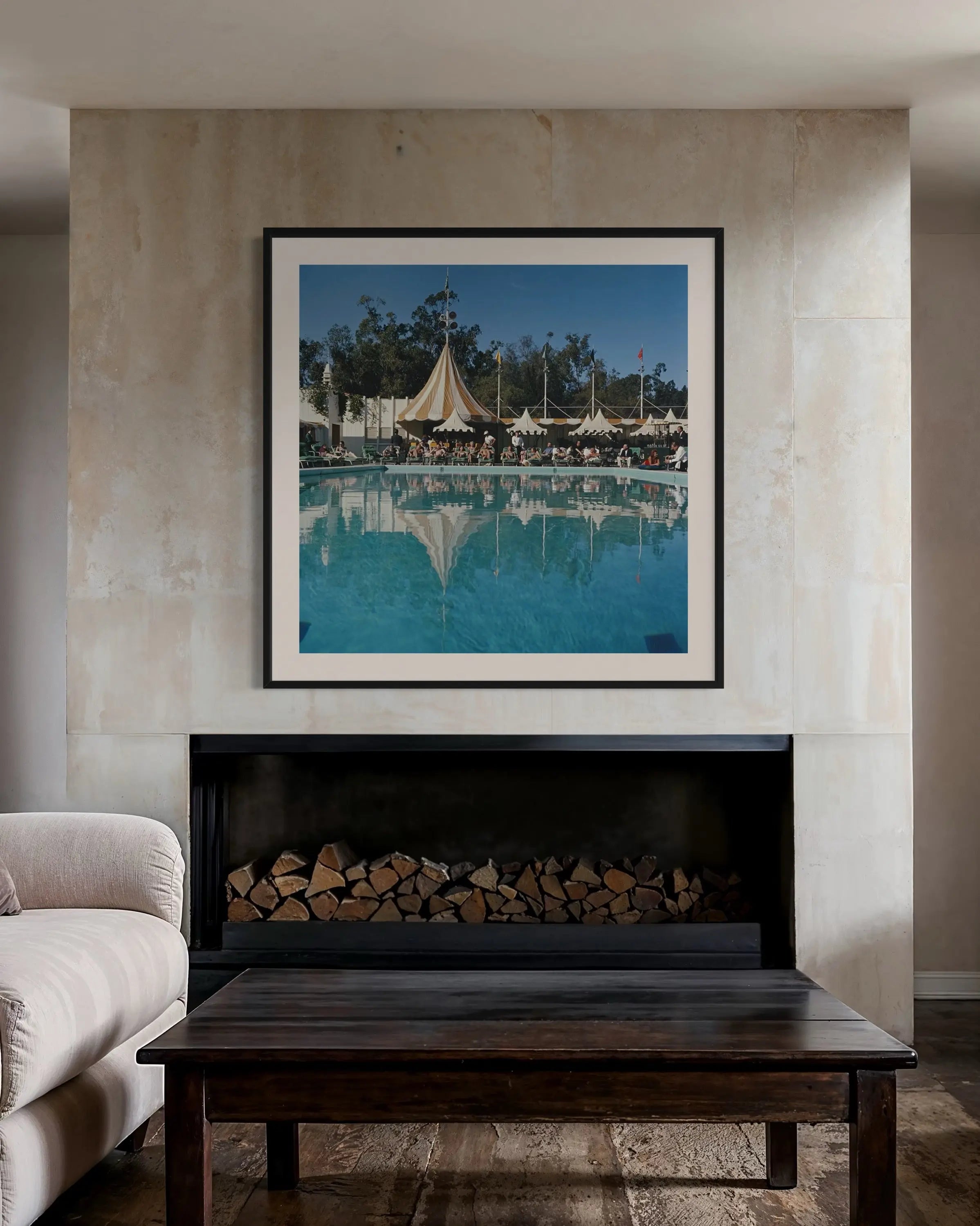 Beverly Hills Hotel Pool by Slim Aarons displayed in a modern living room interior