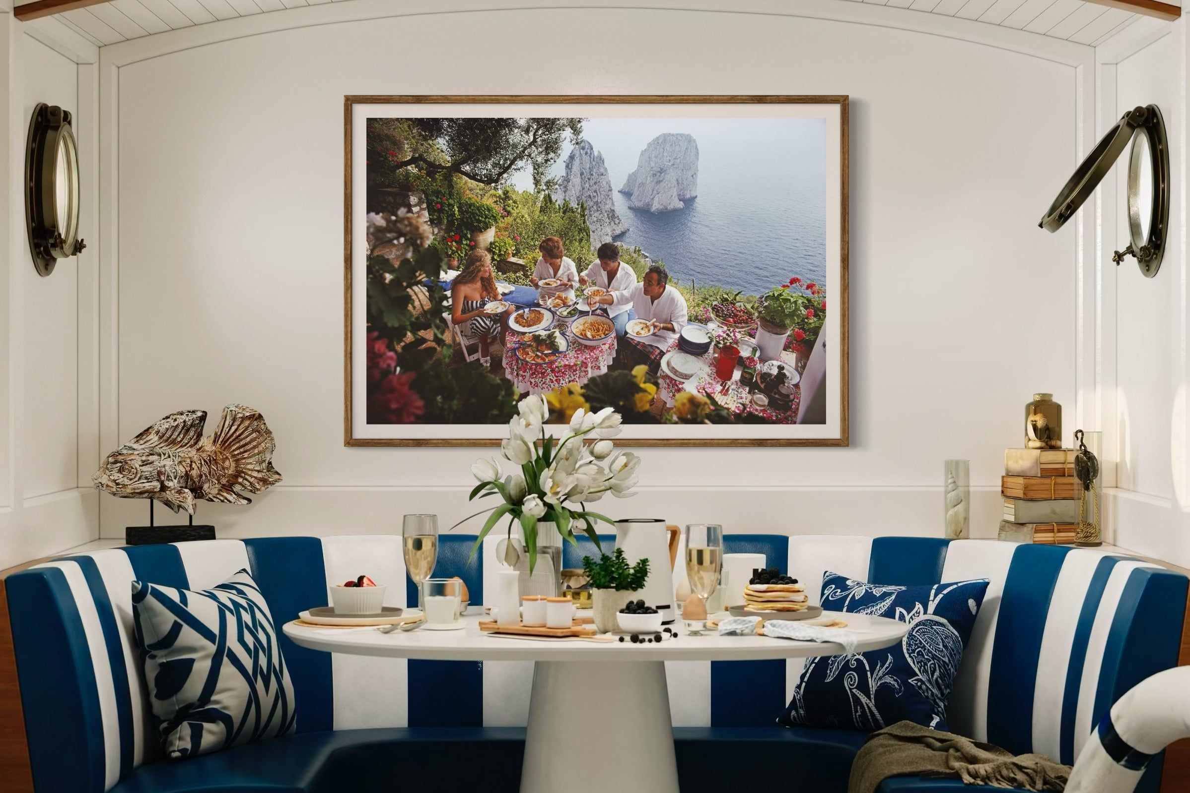 Dining Al Fresco by Slim Aarons shown in a boutique hotel lounge, delivering framed art for hospitality and aesthetic solutions for hospitality designers.