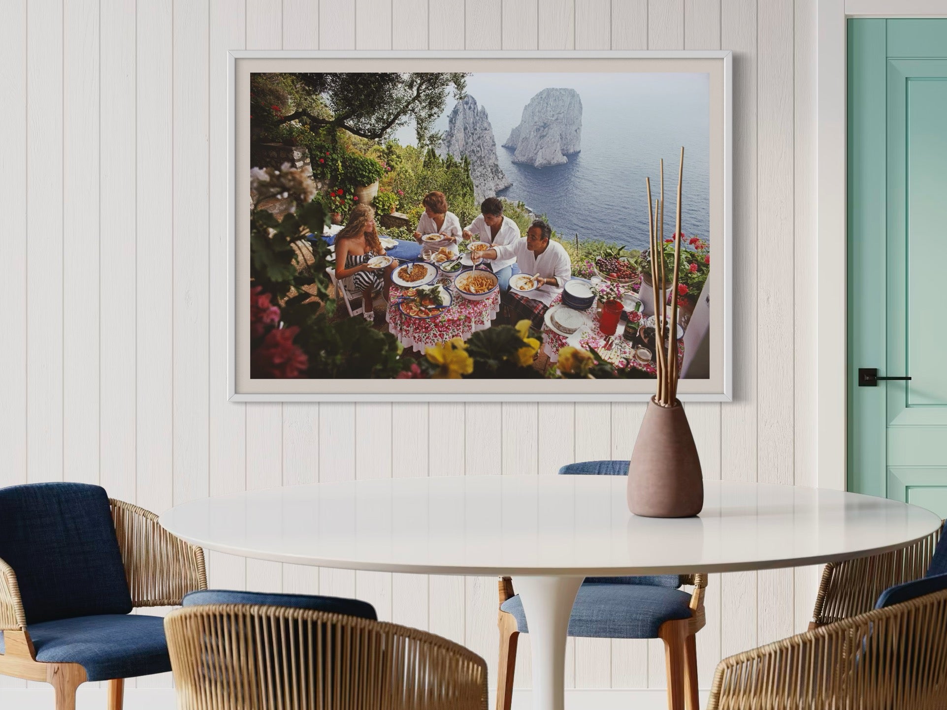 Dining Al Fresco by Slim Aarons displayed as office wall art, adding aspirational travel photography to commercial art prints and corporate art solutions.