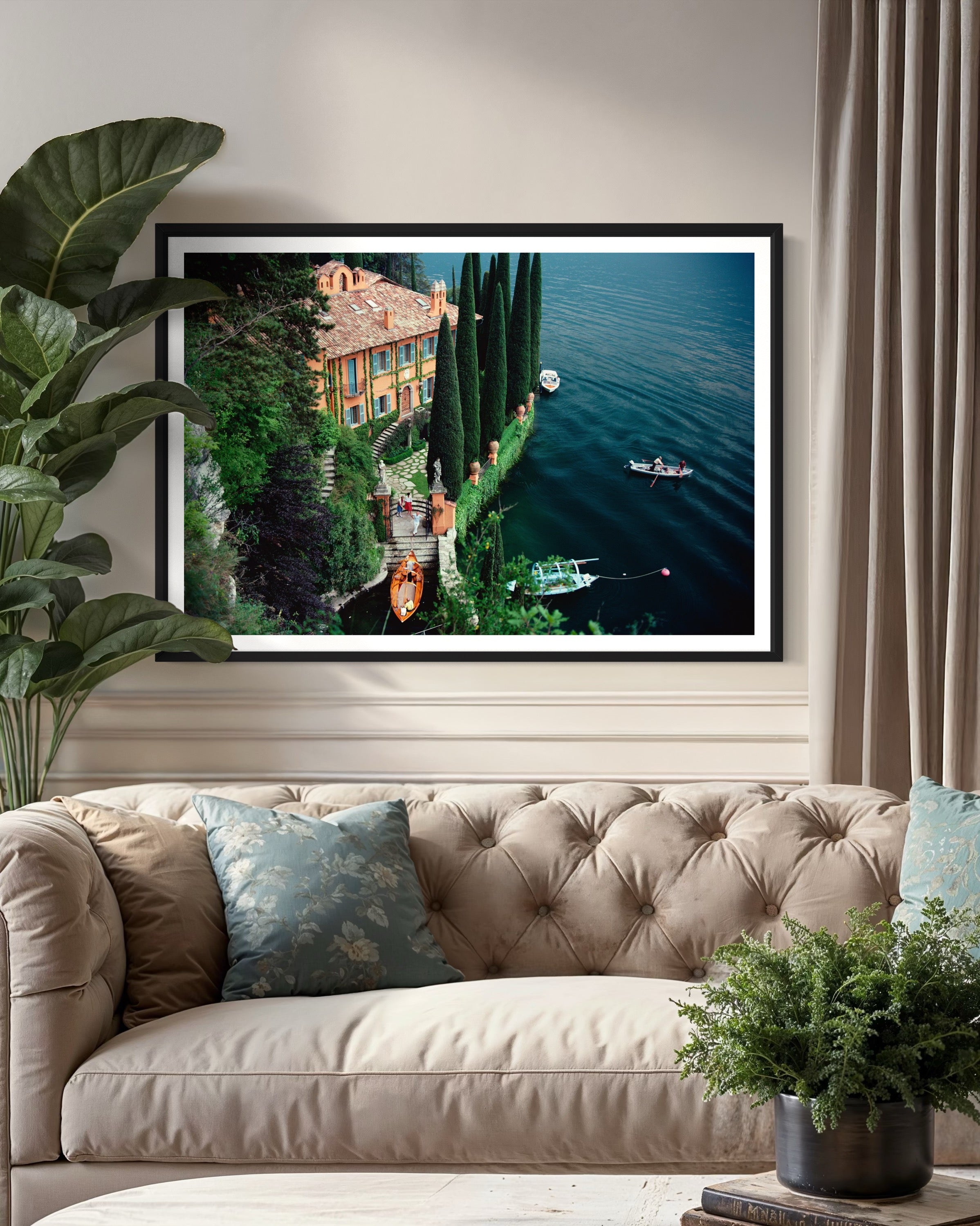 Giacomo Montegazza by Slim Aarons framed in a contemporary living room, showcasing designer-grade wall decor and tailored art solutions for refined residential interiors.