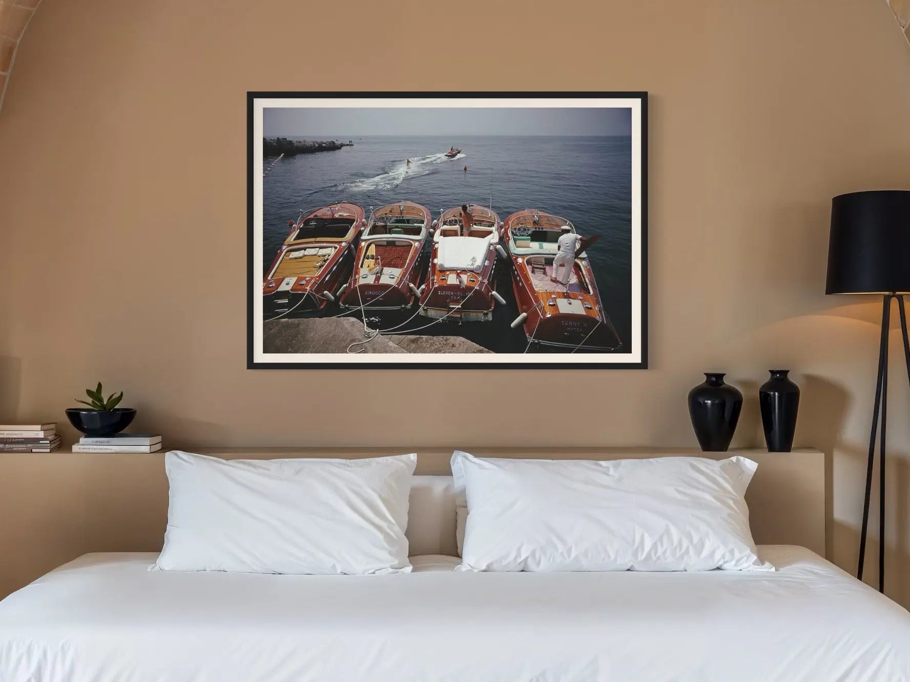 Riva Boats at Hotel du Cap-Eden-Roc by Slim Aarons displayed in a modern living room interior