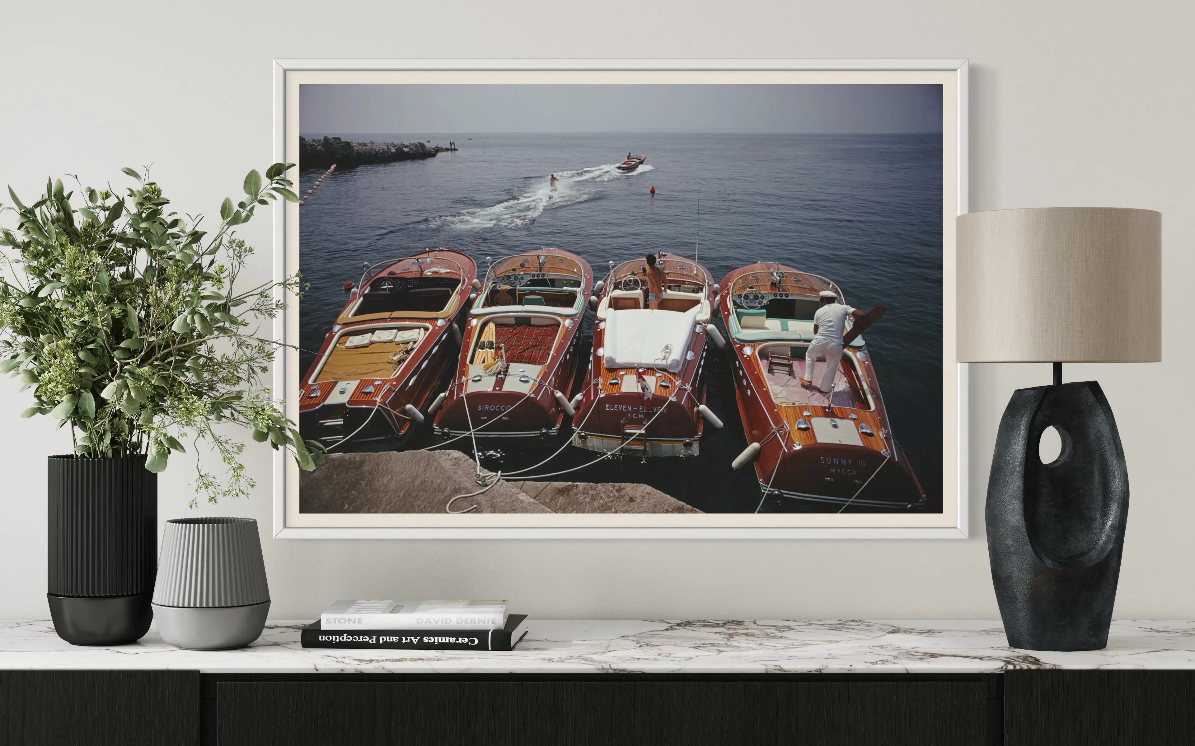 Riva Boats at Hotel du Cap-Eden-Roc by Slim Aarons presented in a curated interior design