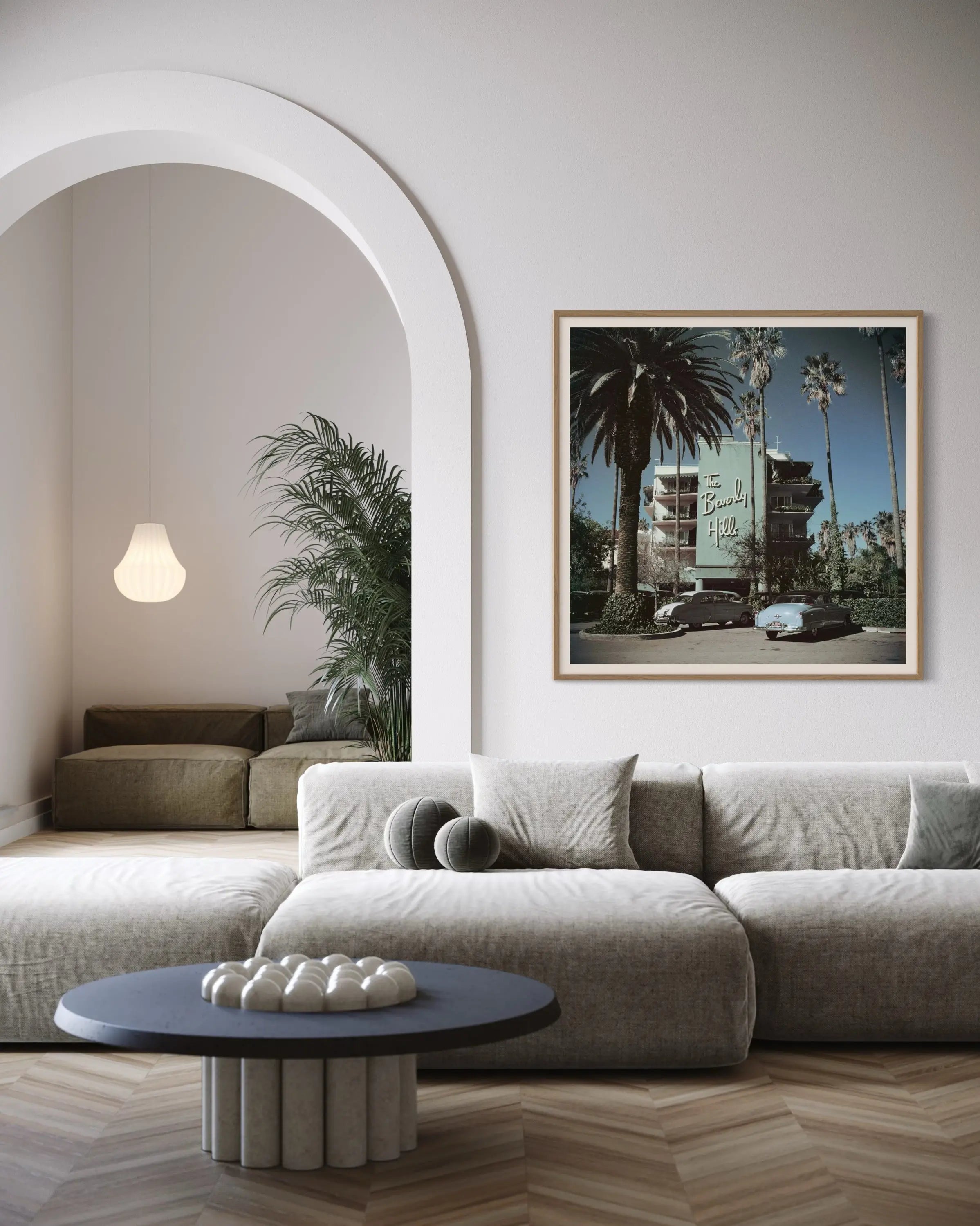 Beverly Hills Hotel by Slim Aarons displayed in a modern living room interior