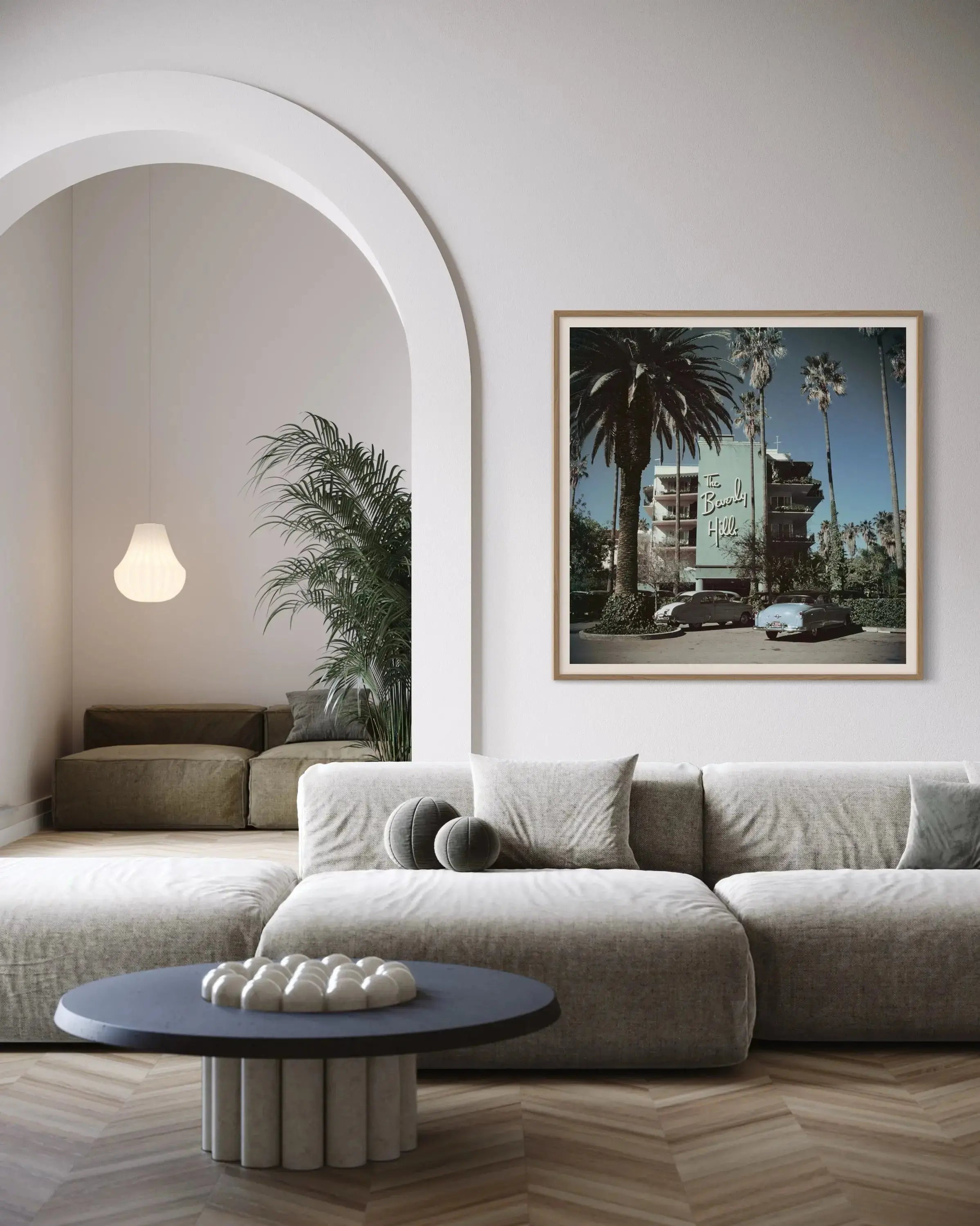 Beverly Hills Hotel by Slim Aarons displayed in a modern living room interior