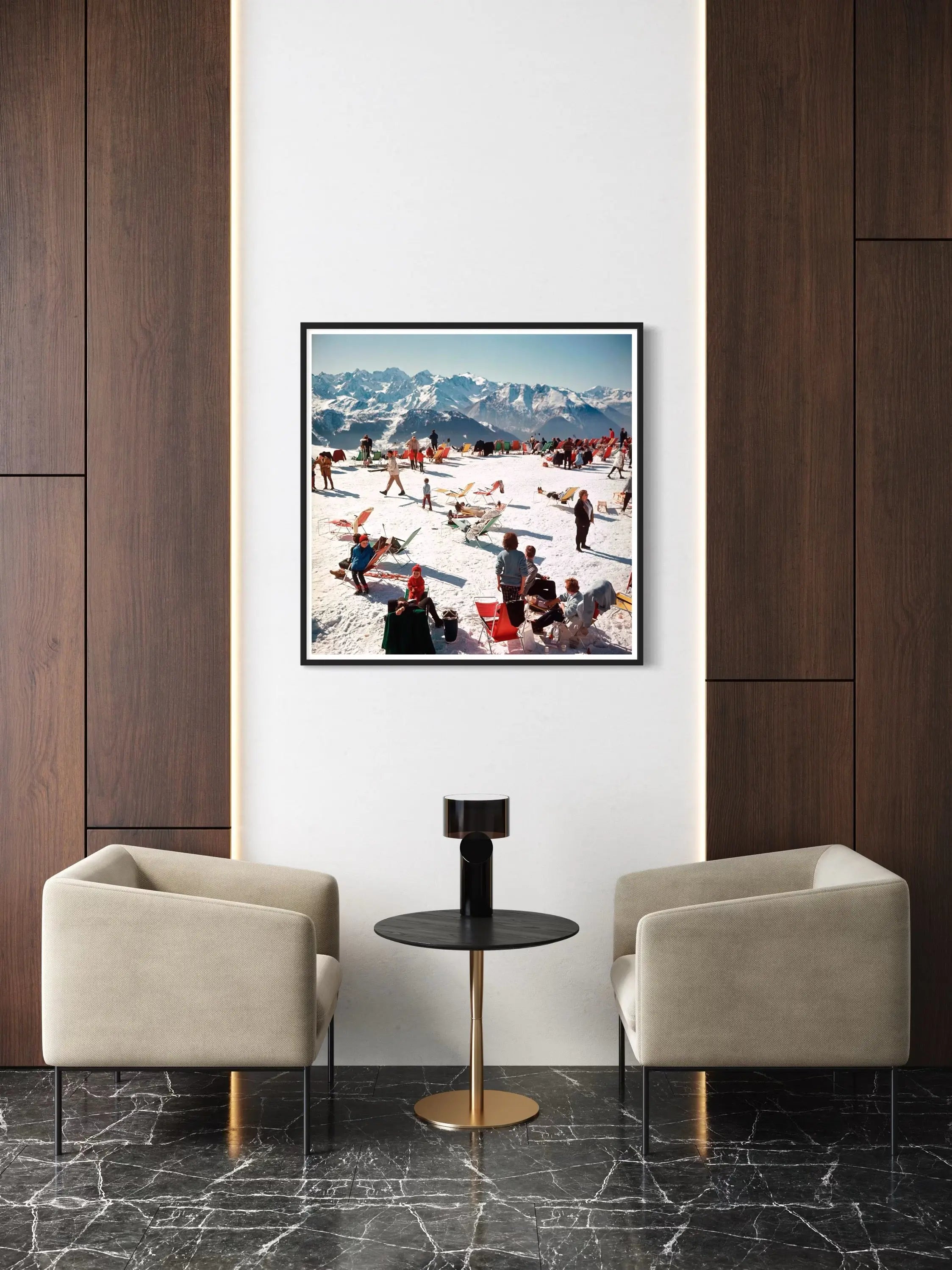 Verbier Vacation by Slim Aarons displayed in a modern living room interior