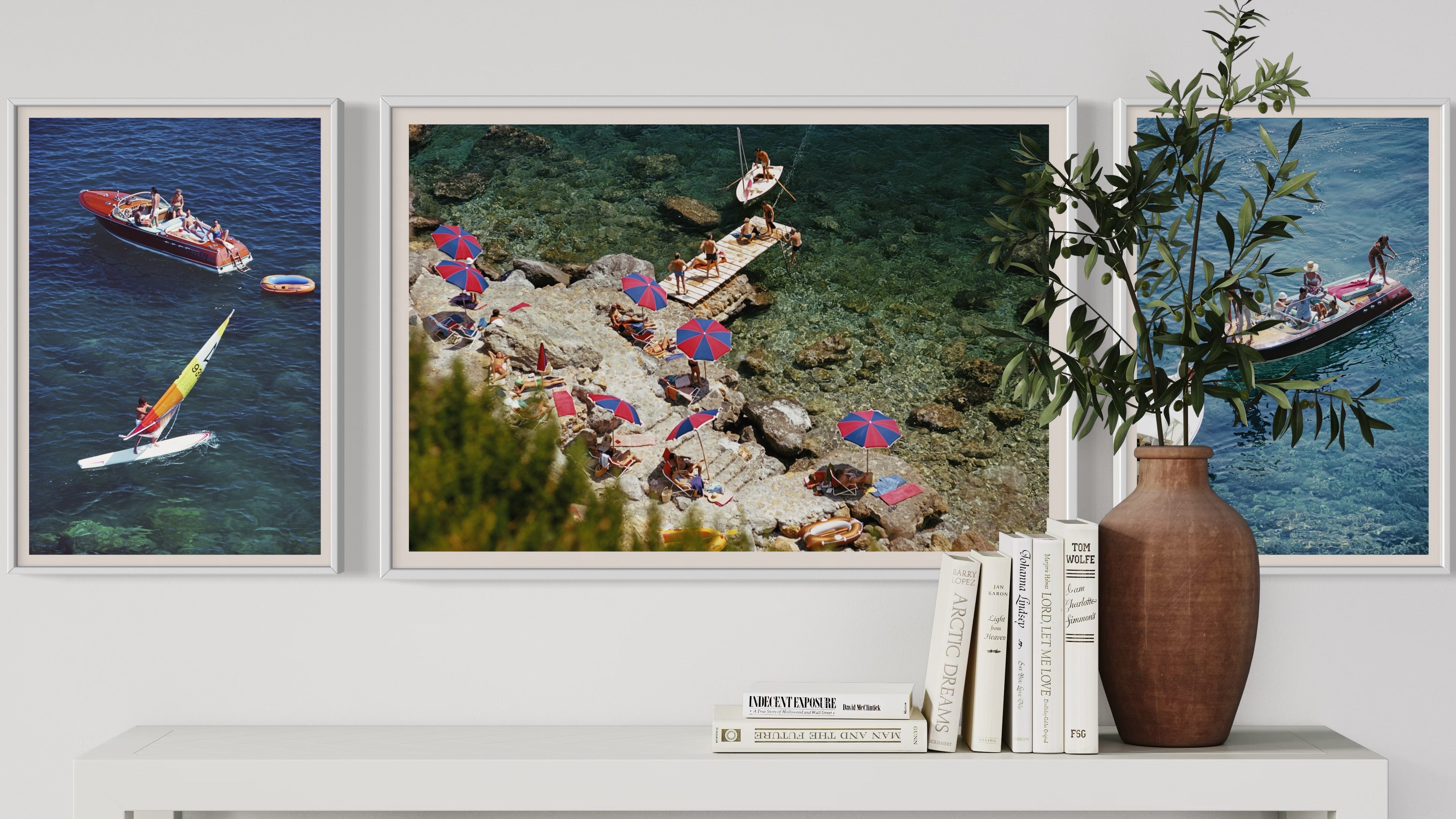 Beach at Il Pellicano by Slim Aarons displayed as office wall art, bringing aspirational travel photography into corporate art solutions and commercial art prints.