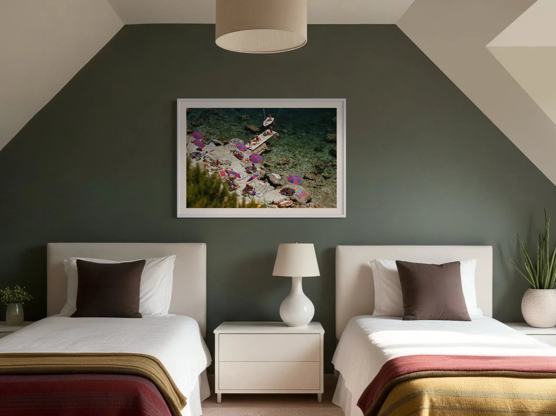 Beach at Il Pellicano by Slim Aarons displayed in a modern living room interior
