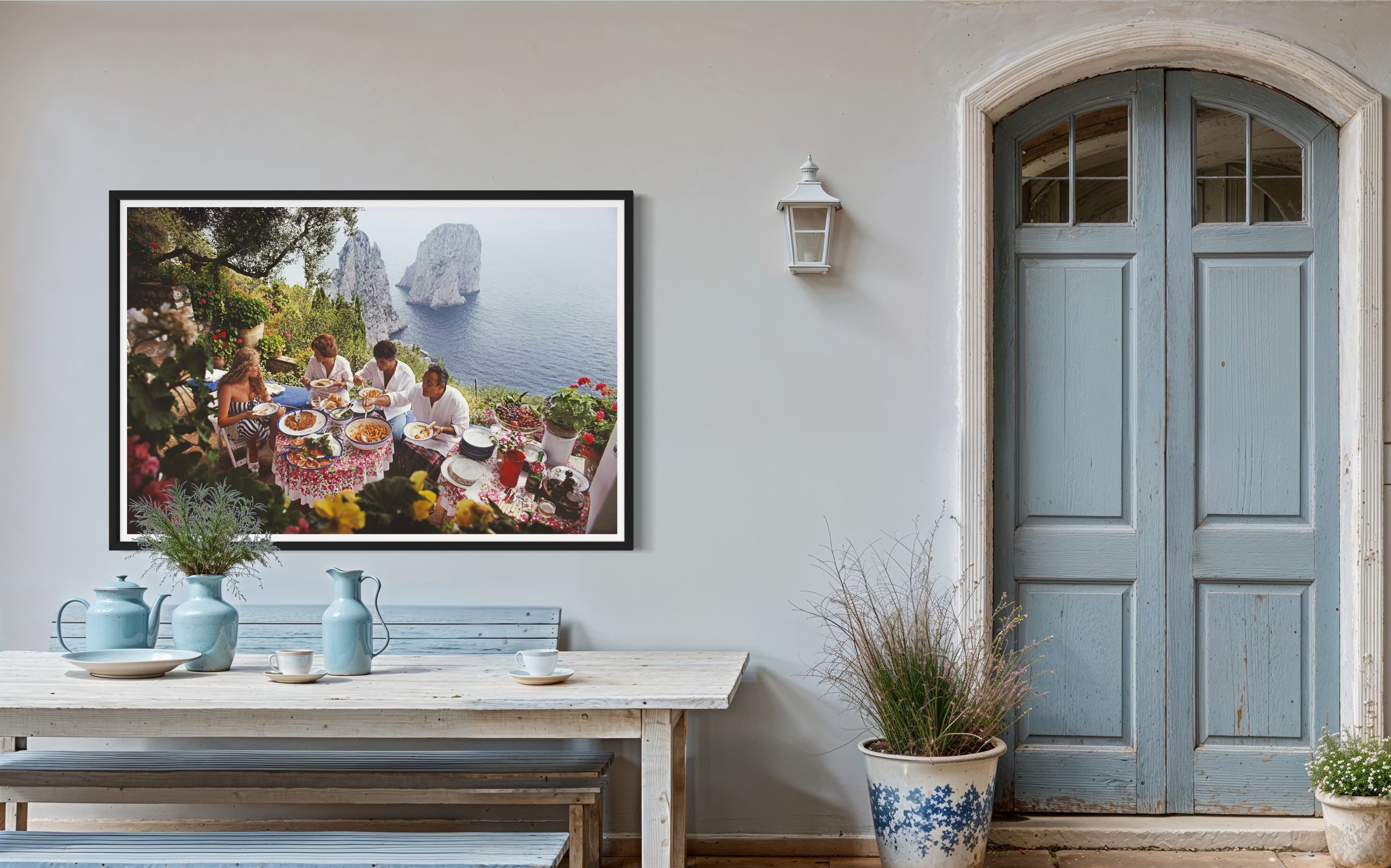 Slim Aarons’ Dining Al Fresco in an elegant dining space, elevating high-end interiors with bespoke art prints and The Picturalist custom framing.