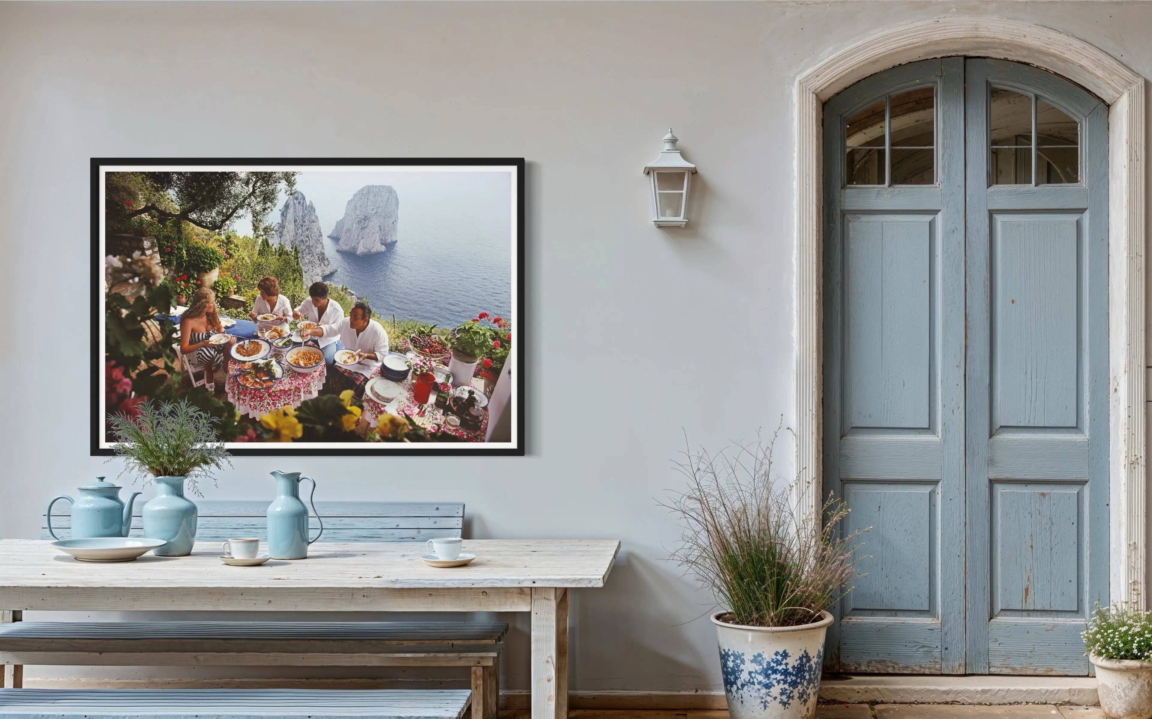 Dining Al Fresco on Capri by Slim Aarons displayed in a modern living room interior