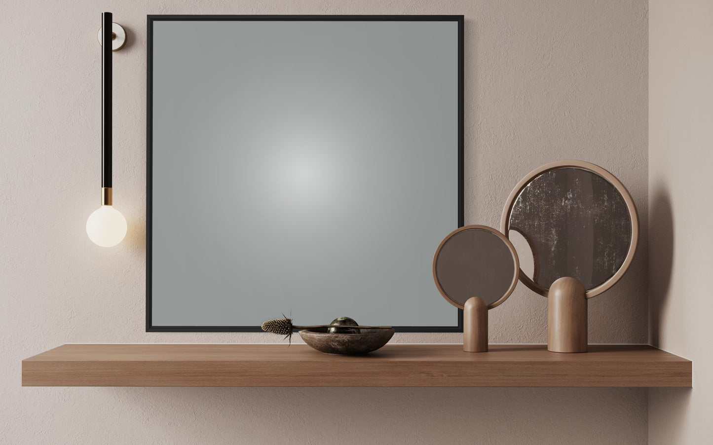 Modern wall shelf with decorative items against a neutral wall