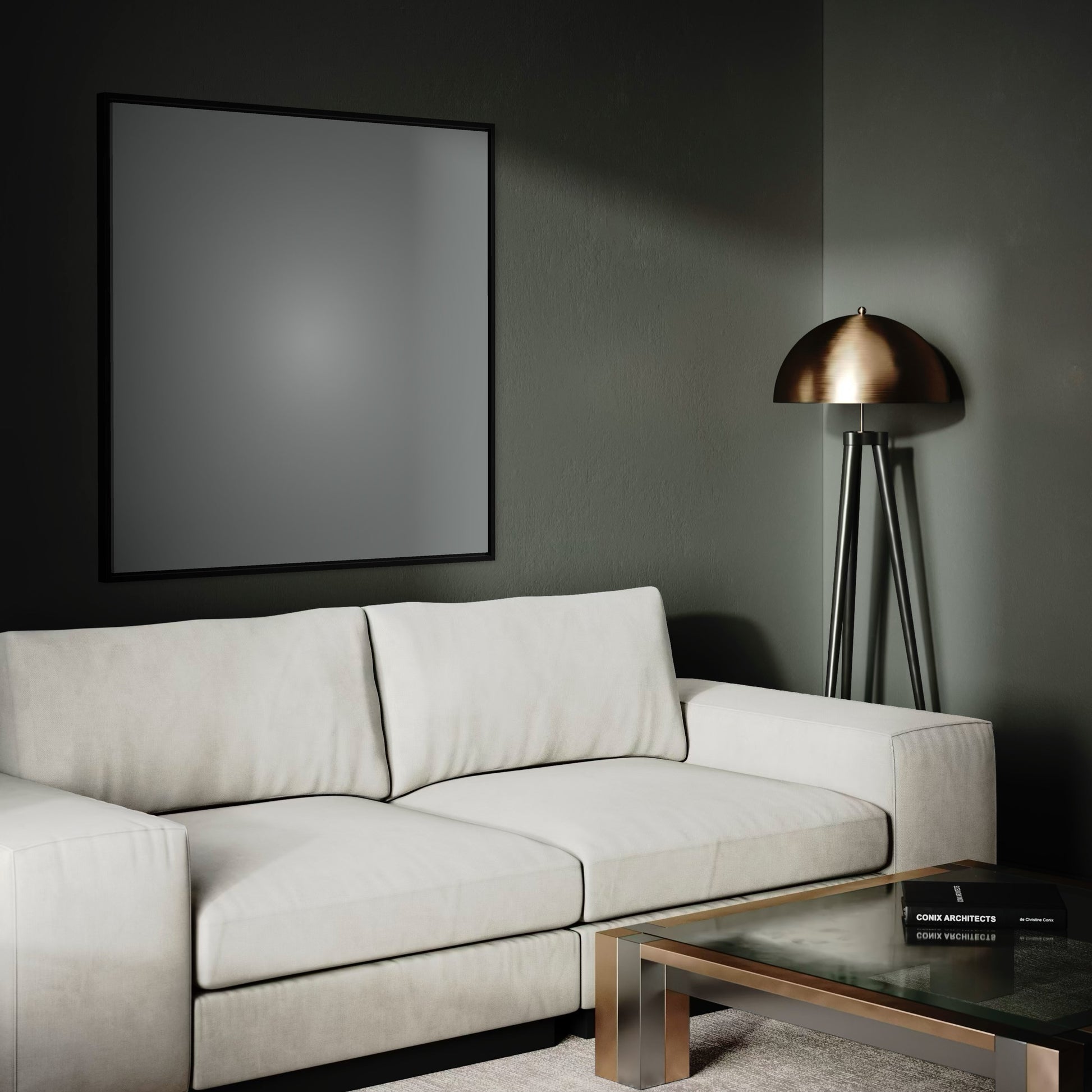 Modern living room with a white sofa, coffee table, and decorative lamp.