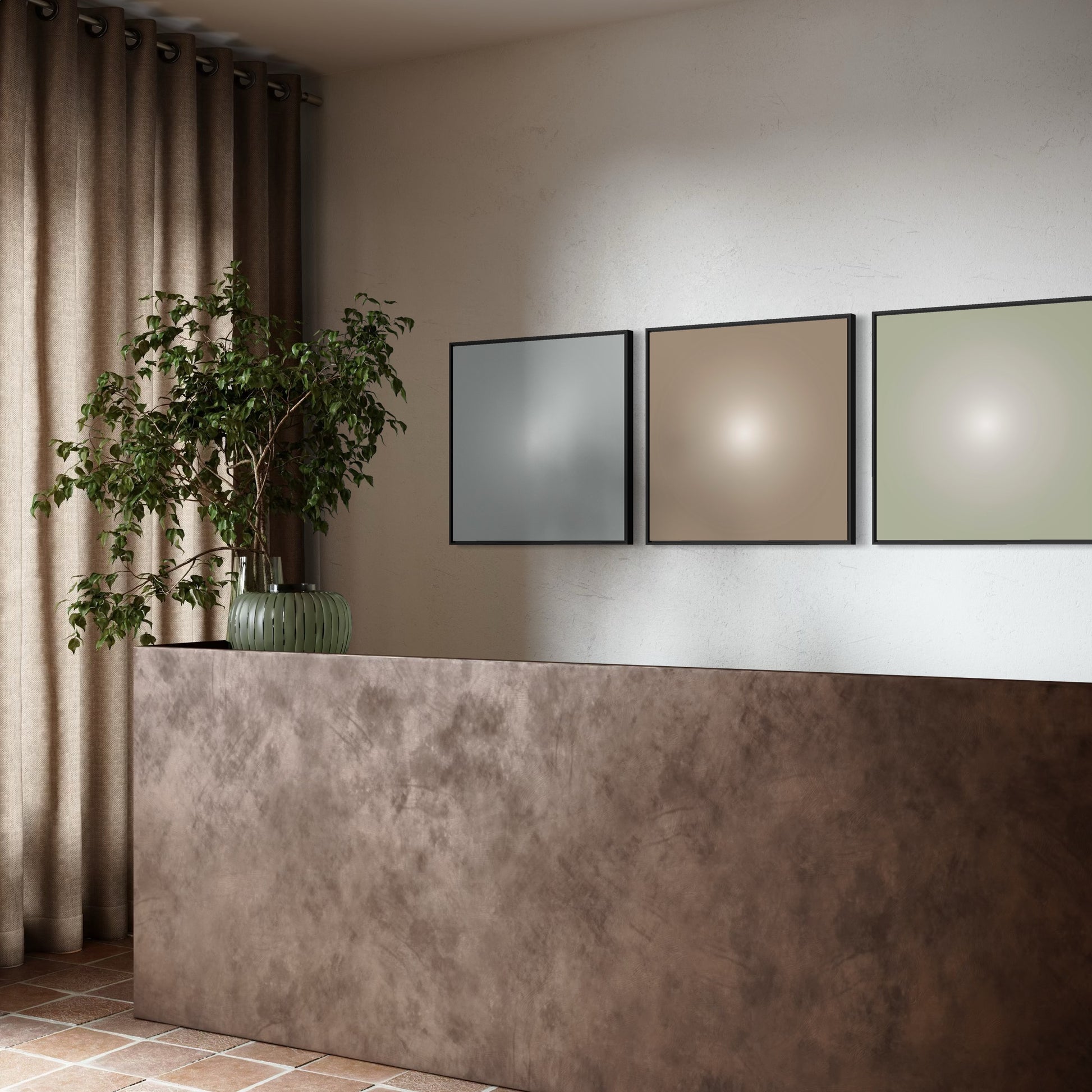 Modern hotel interior with a decorative plant on a ledge and framed art on the wall.