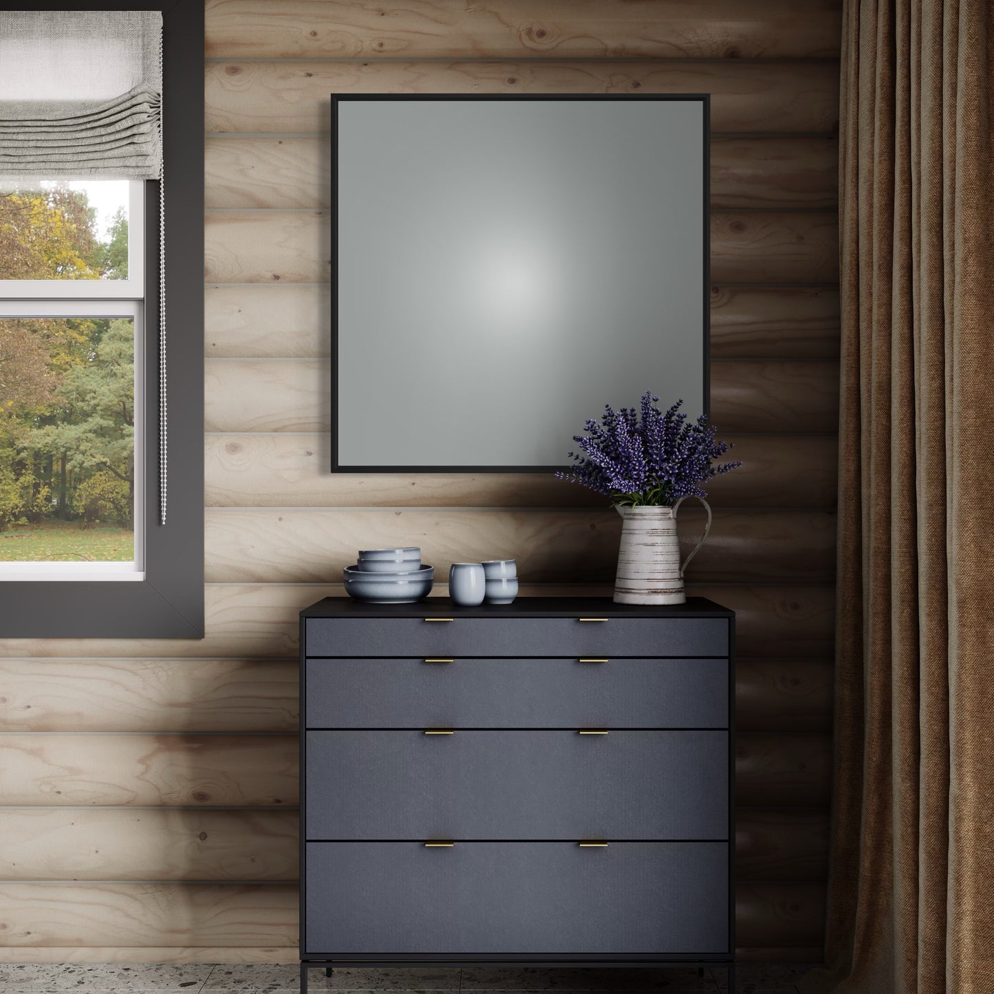 Gray dresser with decorative items against a wooden wall