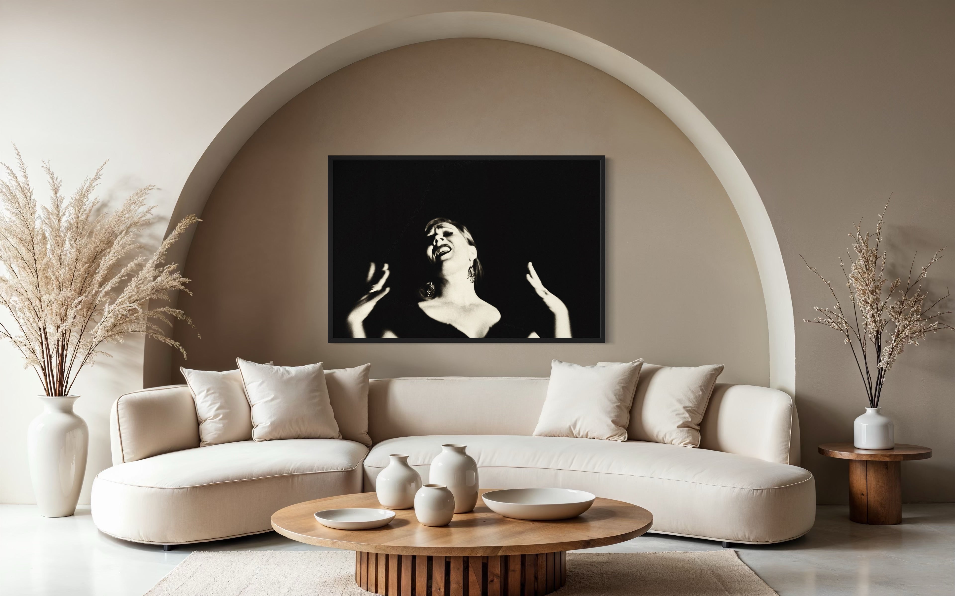 The Great Singer by Suteishi, expressive black and white portrait of woman singing, fine art print on matte paper framed by The Picturalist.