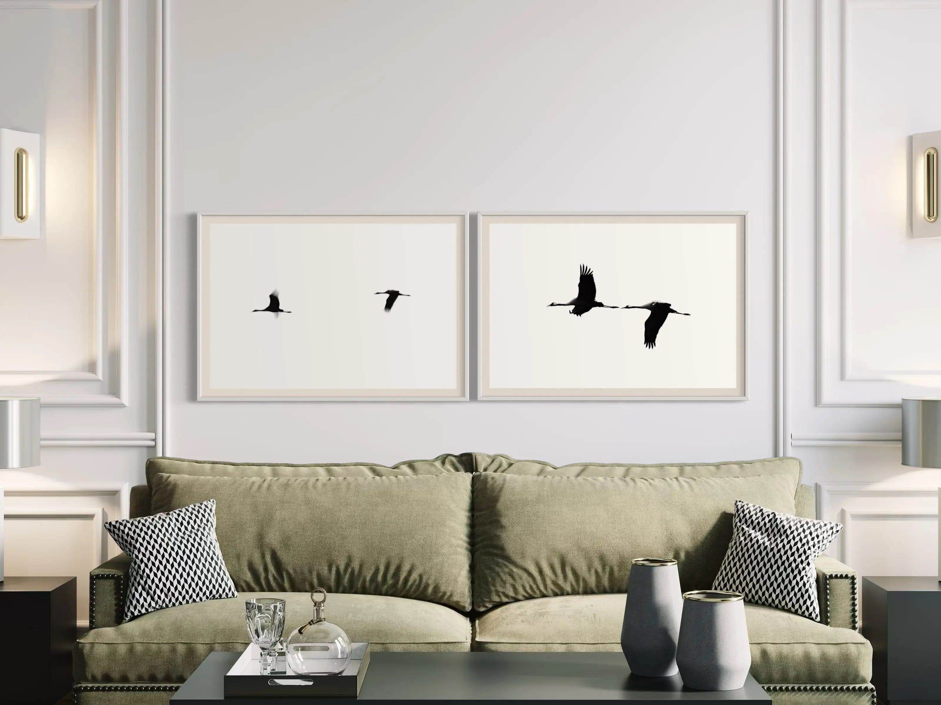 Cranes II by Tal Paz-Fridman displayed in a modern living room interior
