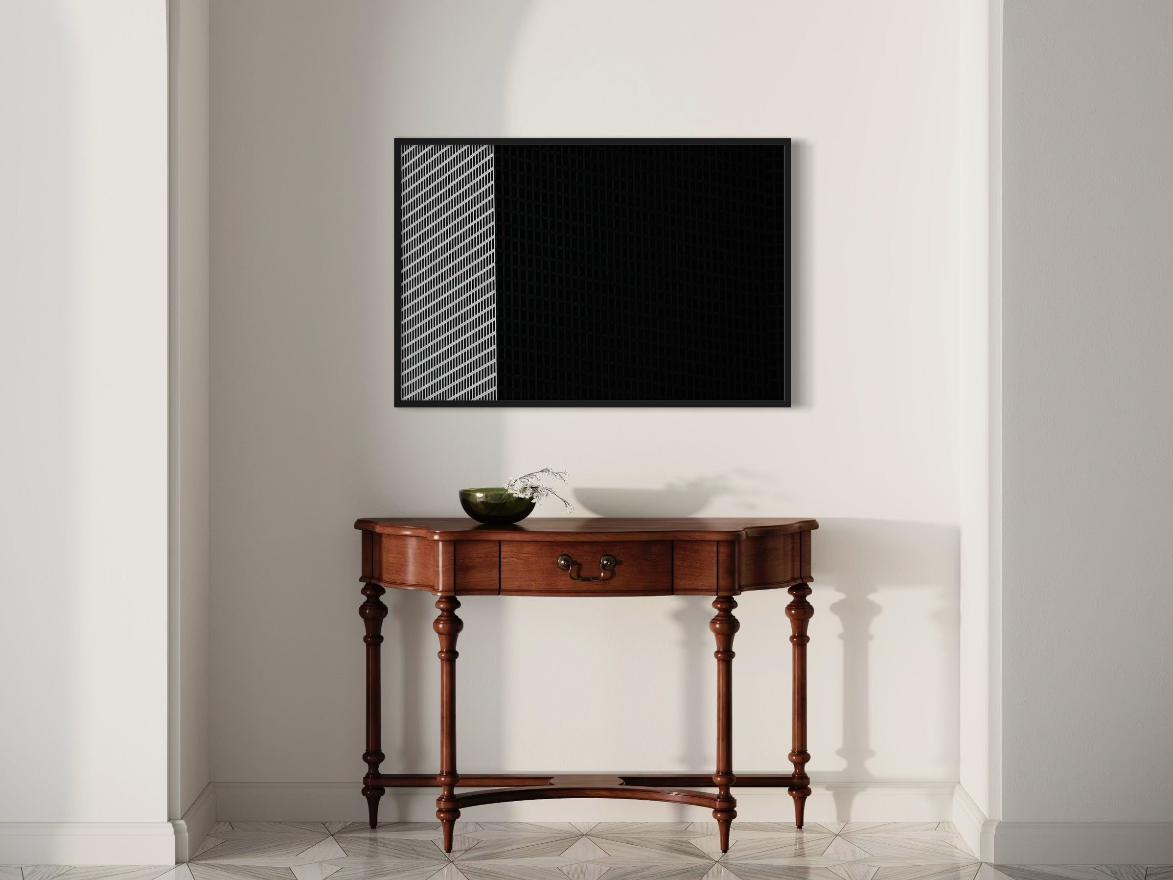Wooden console table with a bowl on a light gray floor and wall.