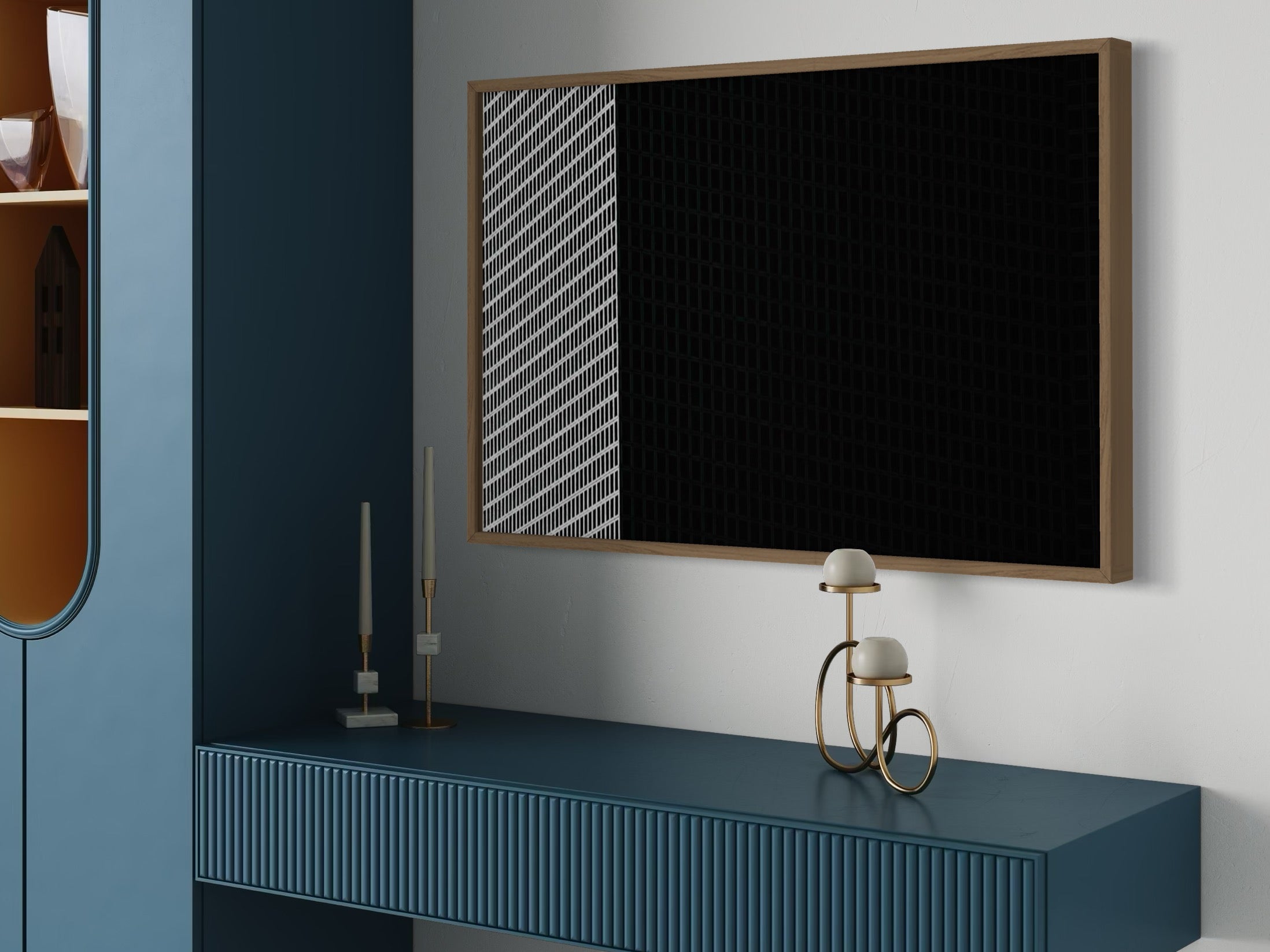 Modern interior design with a blue console table, decorative items, and a framed artwork.