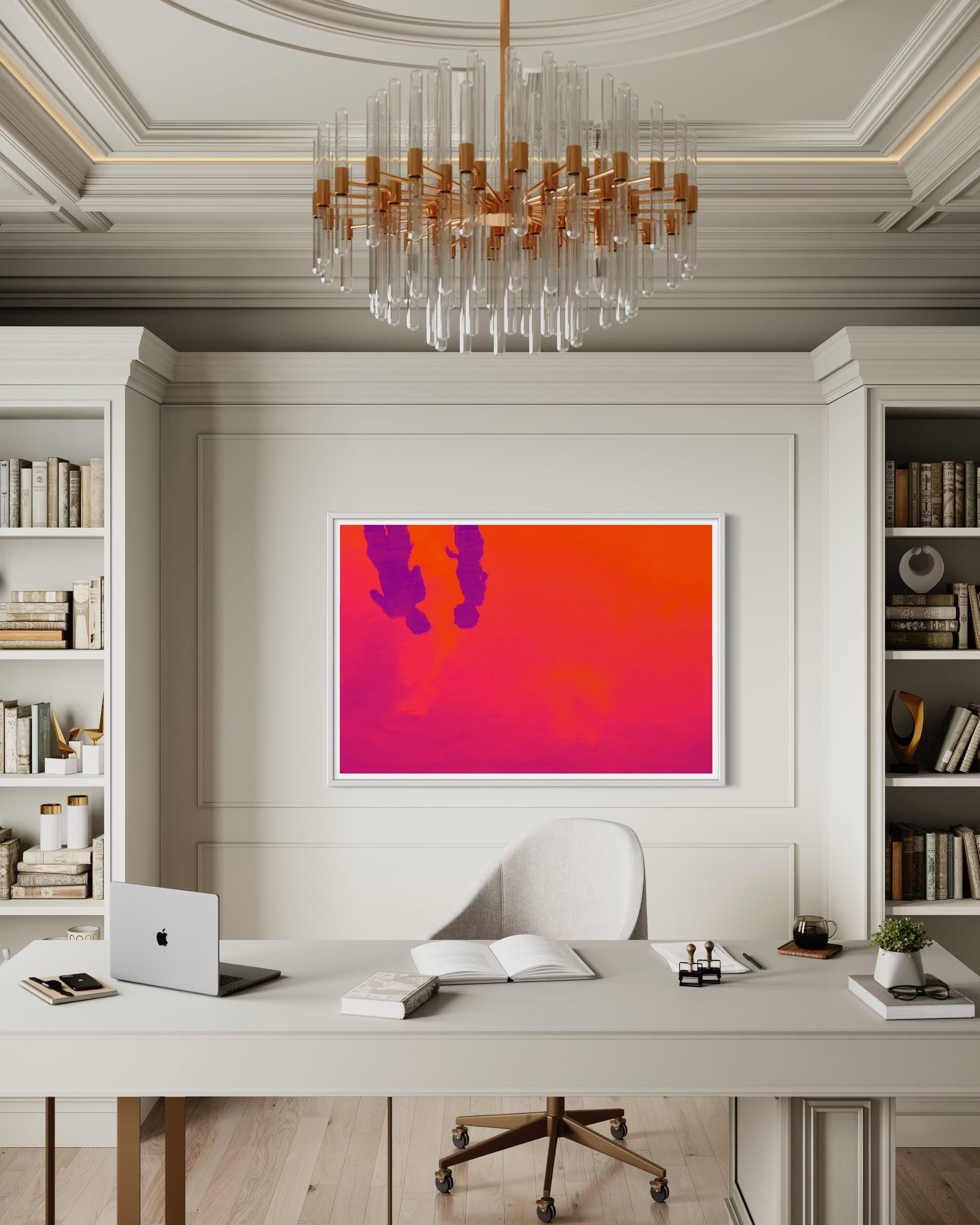 Modern office with a desk, chair, and colorful abstract painting on a wall.