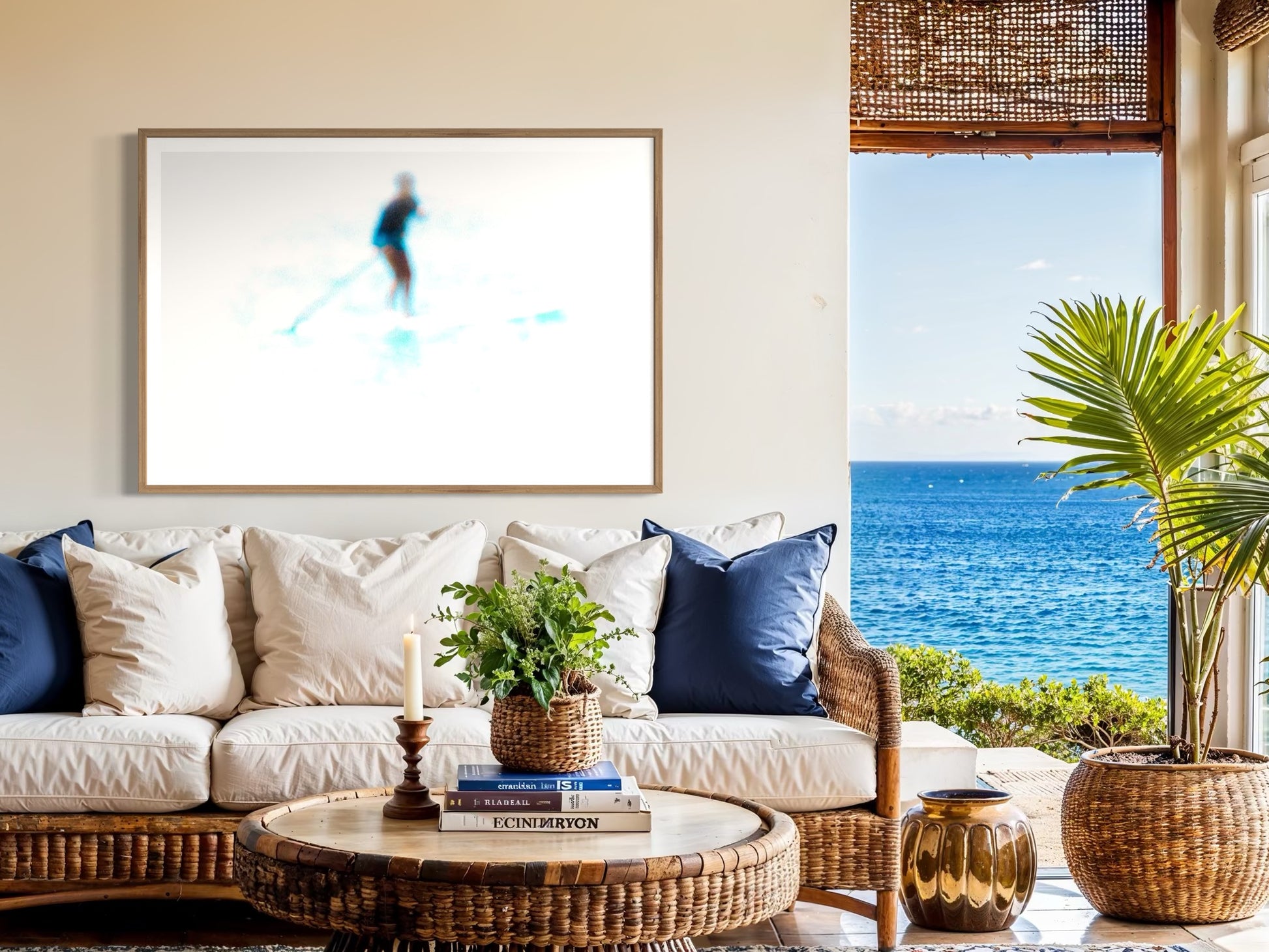 Living room with a view of the ocean, featuring a sofa, coffee table, and decorative items.