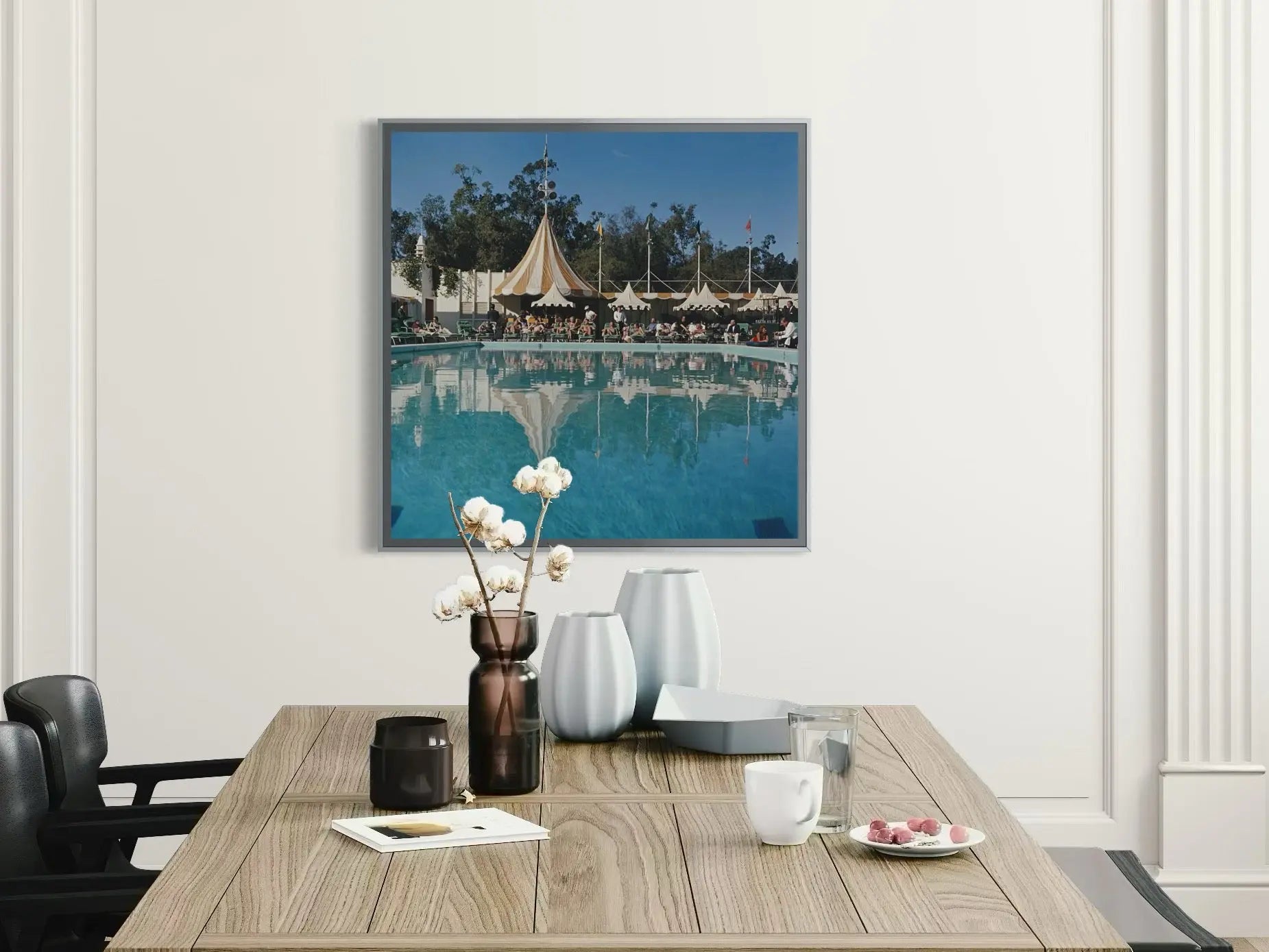 Beverly Hills Hotel Pool by Slim Aarons displayed in a modern living room interior