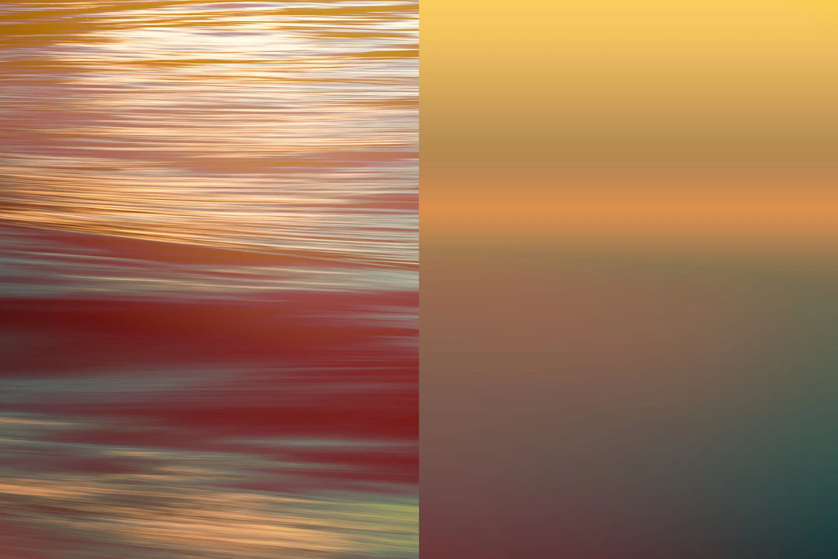Abstract gradient background with horizontal bands of red, orange, yellow, and muted teal, split vertically with a blurred warm-toned section on the left.