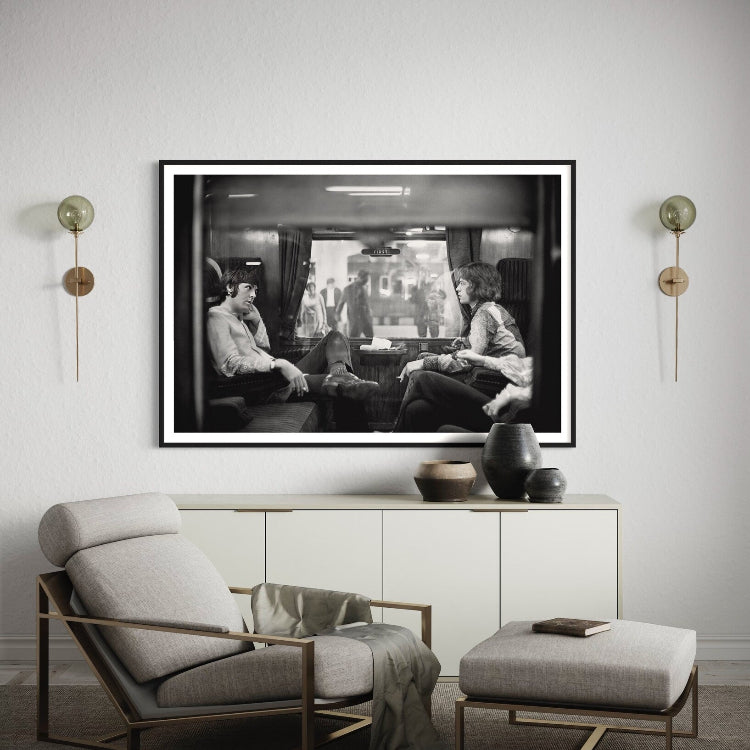 First Class Travel by Victor Blackman shown in a boutique hotel lounge, offering framed art for hospitality and aesthetic solutions for hospitality designers.