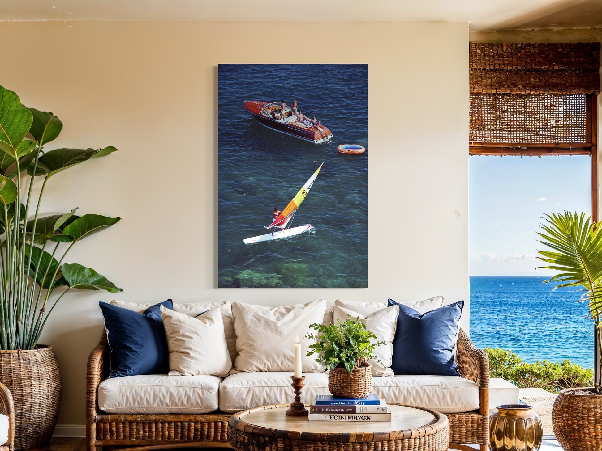 Living room with a couch, coffee table, and decorative items, featuring a large wall art of a sailboat.
