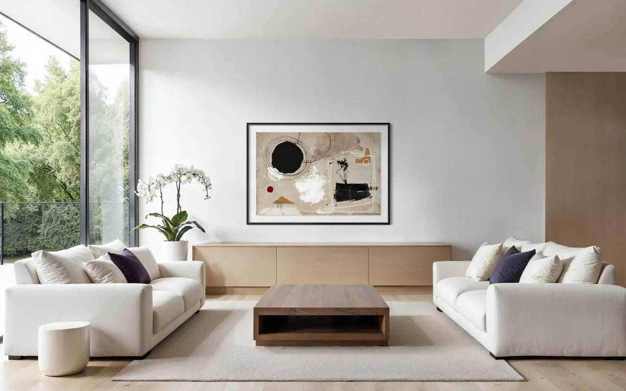 elegant living room with an abstract art piece printed on archival paper and framed in black wood moulding  by Alejandro Franseschini for the Picturalist