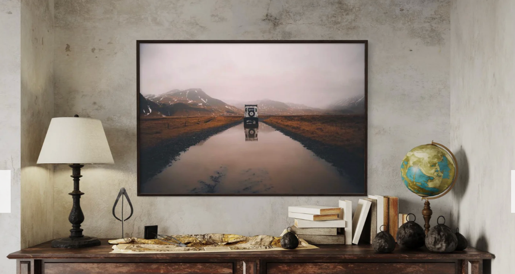 framed metal print of a land-rover Defender in Ushuaia