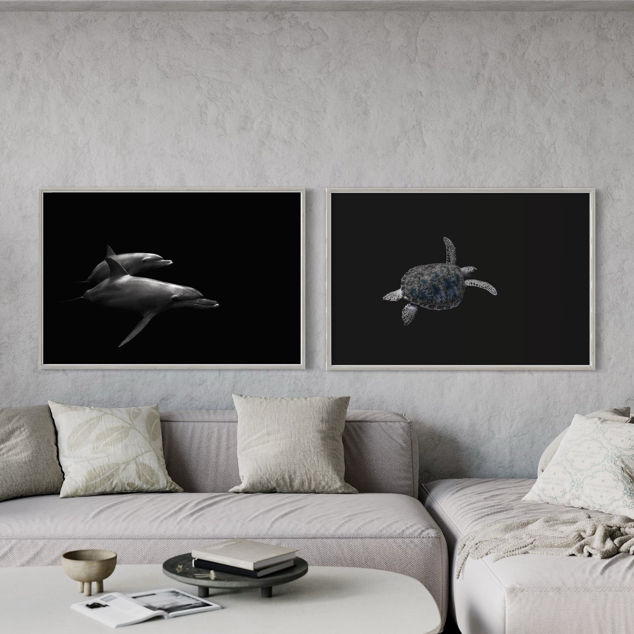 ap pair of photographs of 2 dolphins and one carey turtle decorating a neutral living-room