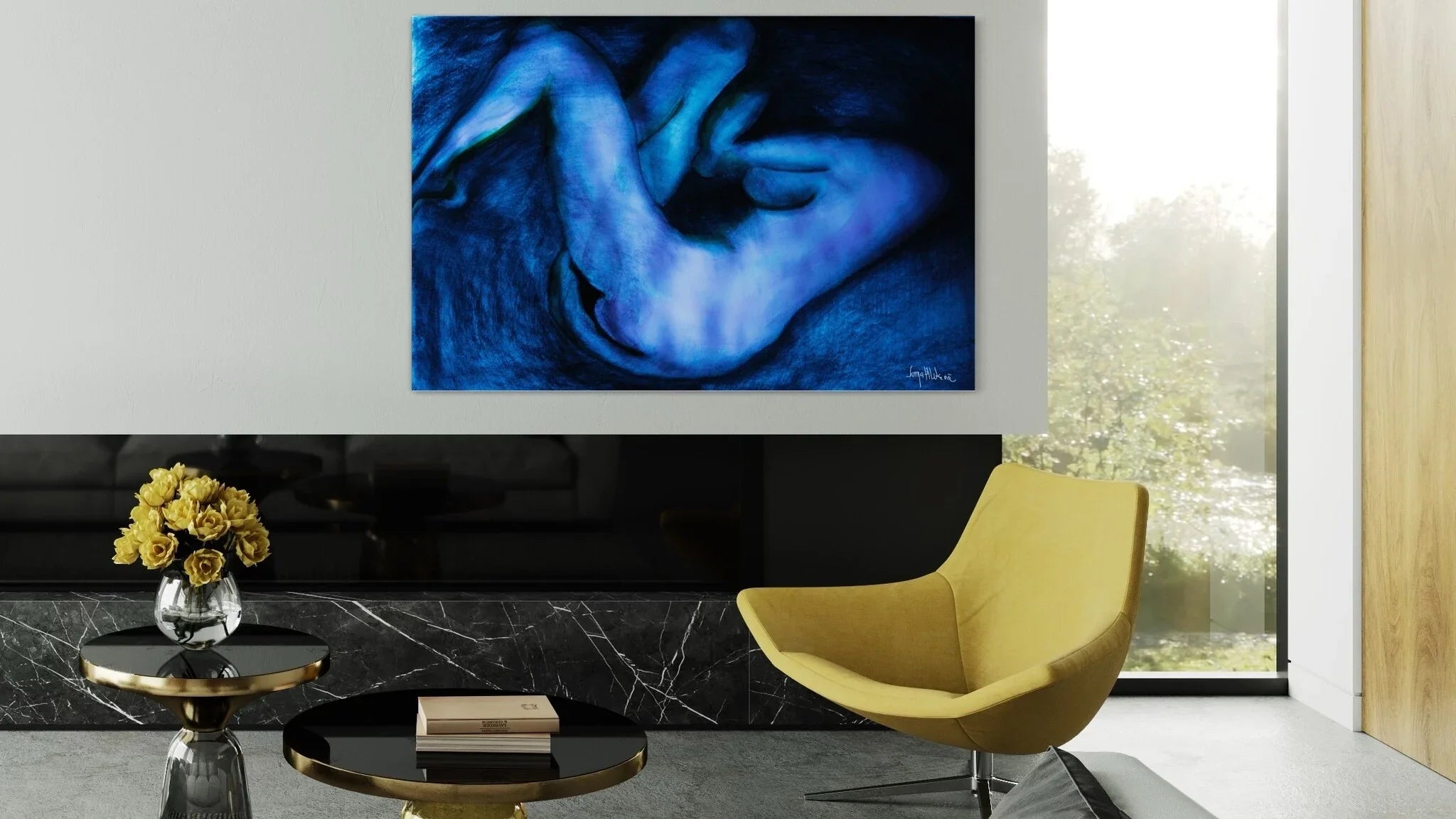 Art in Blue tones depicting a nude painted in the style Picasso had done during his Blue Period