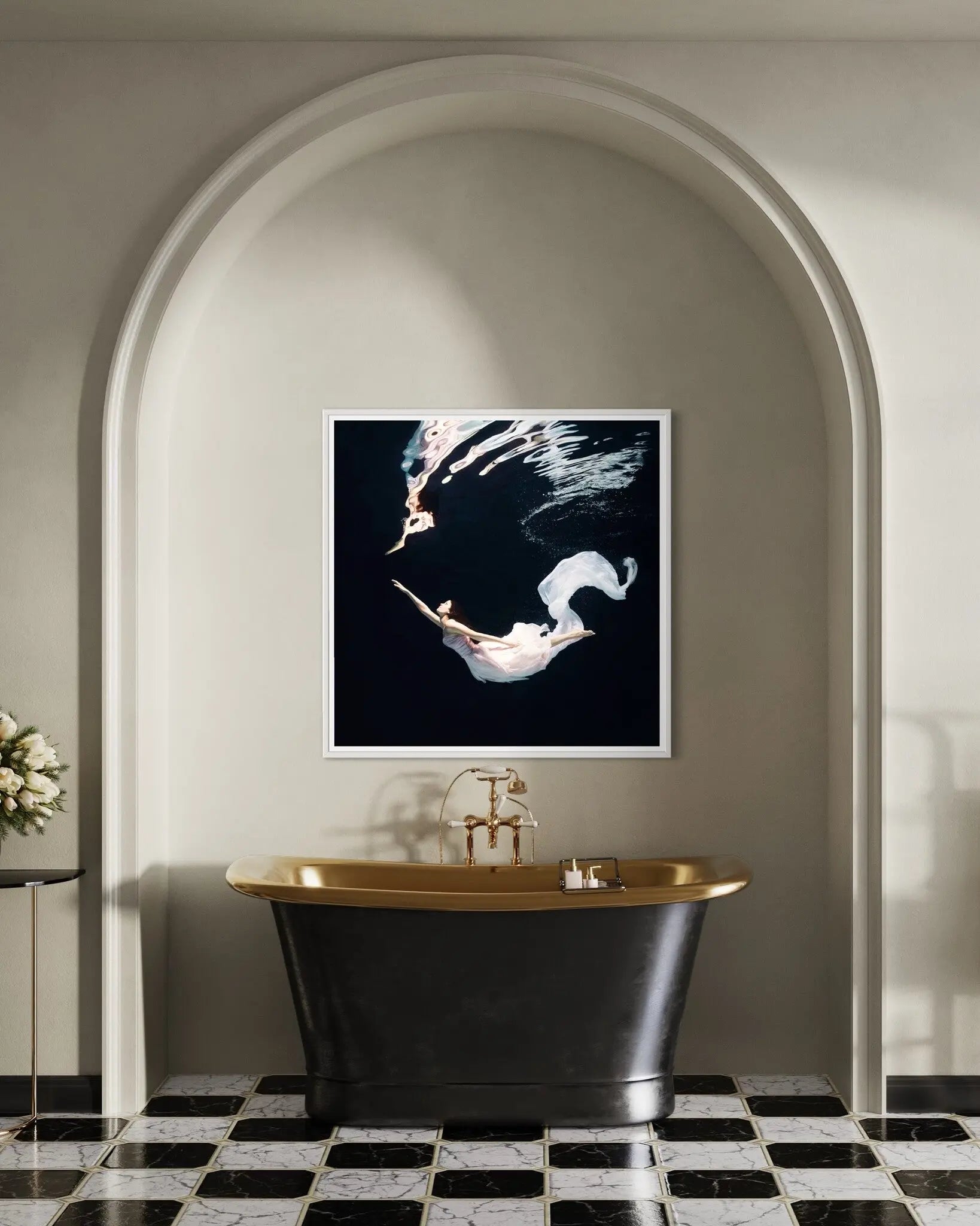 Framed fine art print styled in a bathroom and powder room setting by The Picturalist