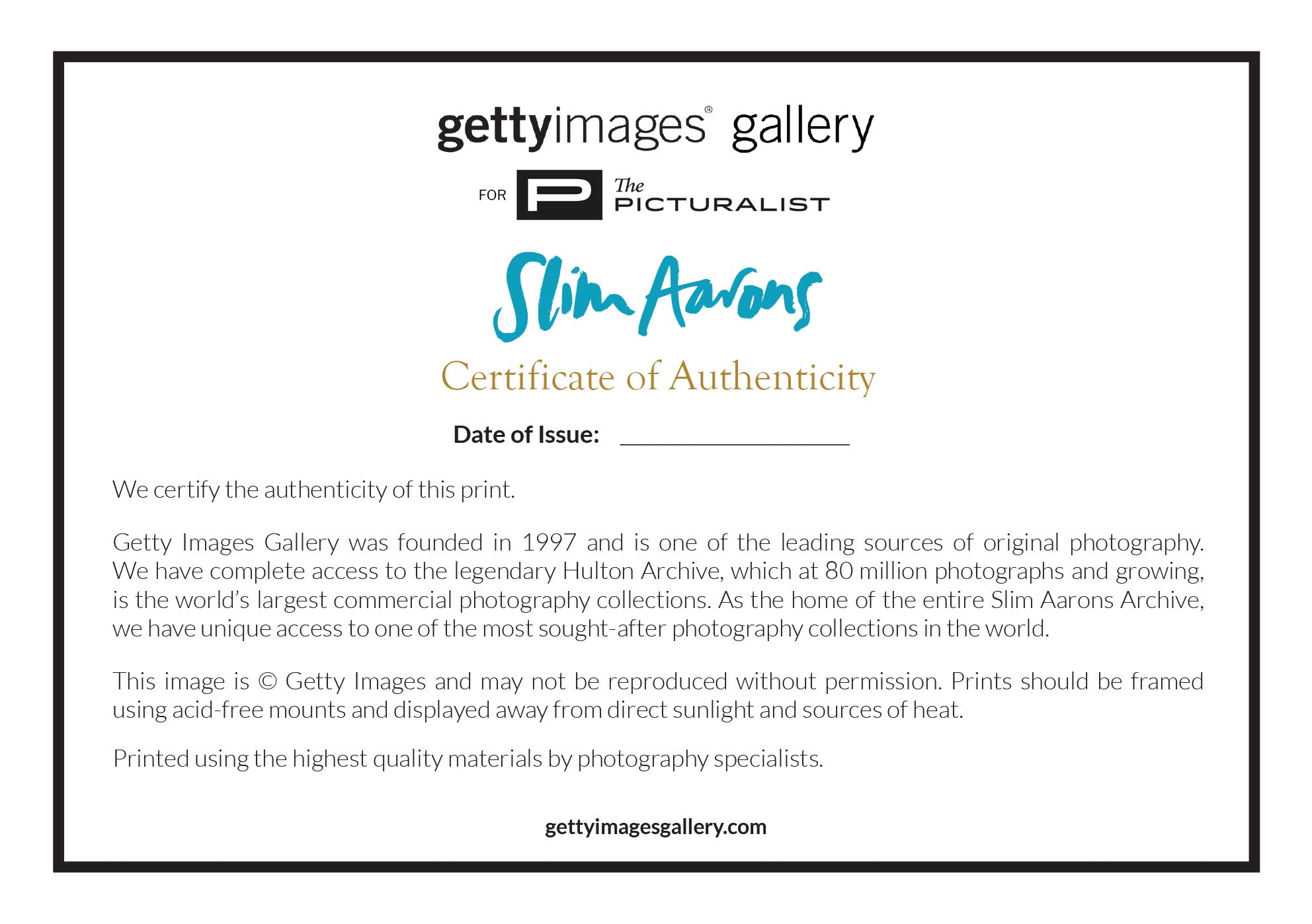 Getty Images certificate of authenticity for Beach at Il Pellicano by Slim Aarons
