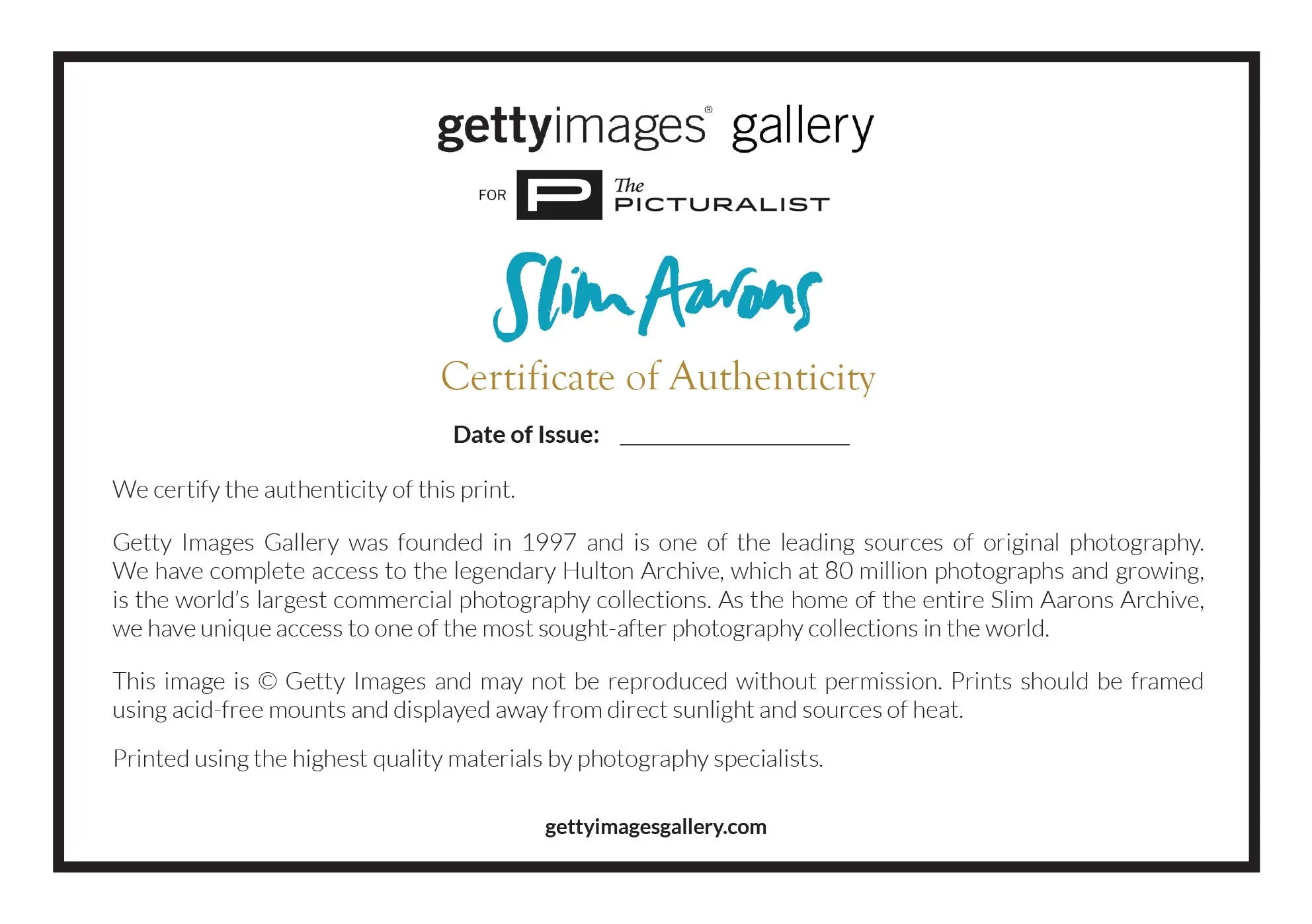 Getty Images certificate of authenticity for Beach at Il Pellicano by Slim Aarons