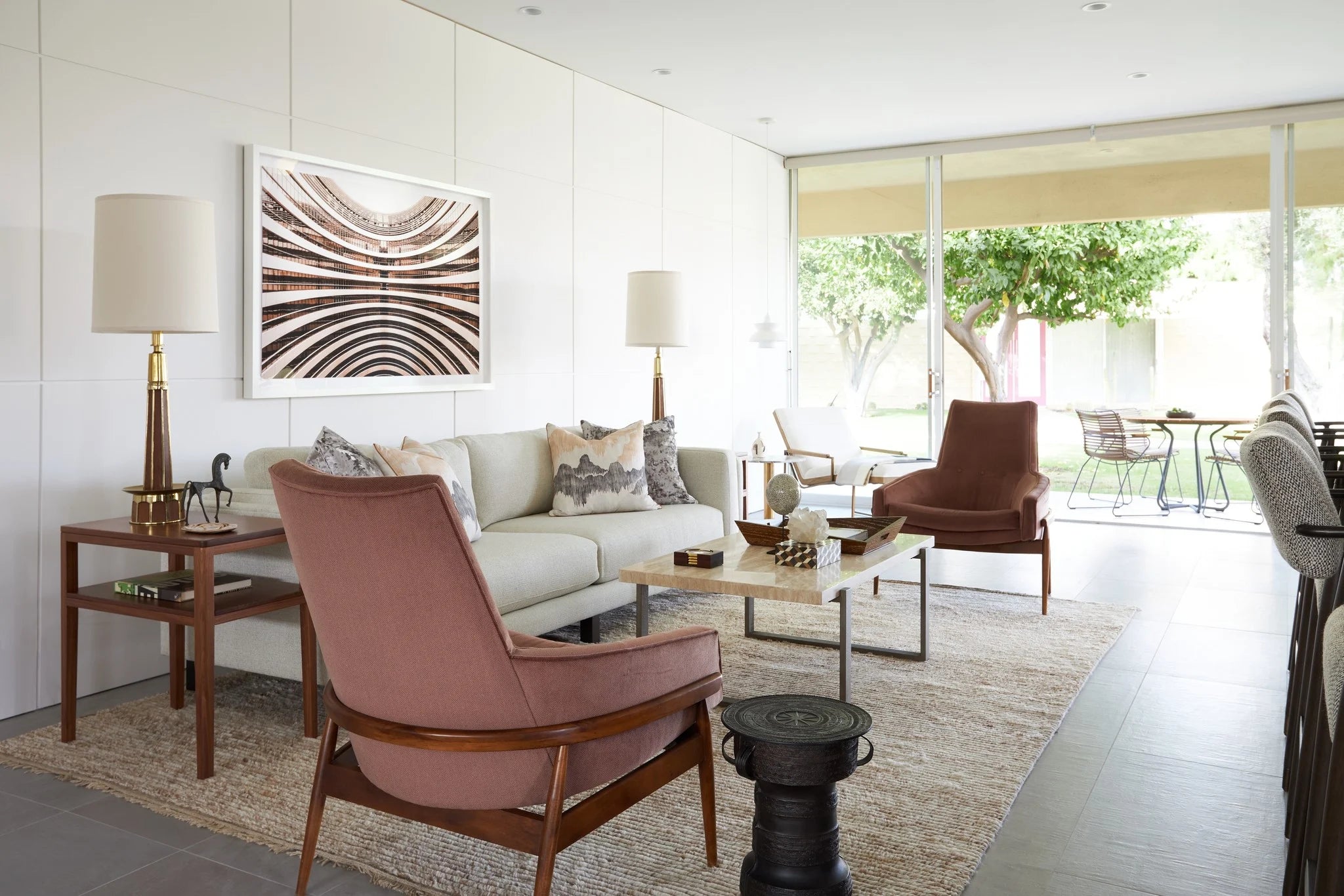 Large-format architectural photography print displayed in a mid-century modern showroom-style living room — Desert Lakes Residence, interior design by Michael Walters, photography by Stephen Schauer, art by The Picturalist