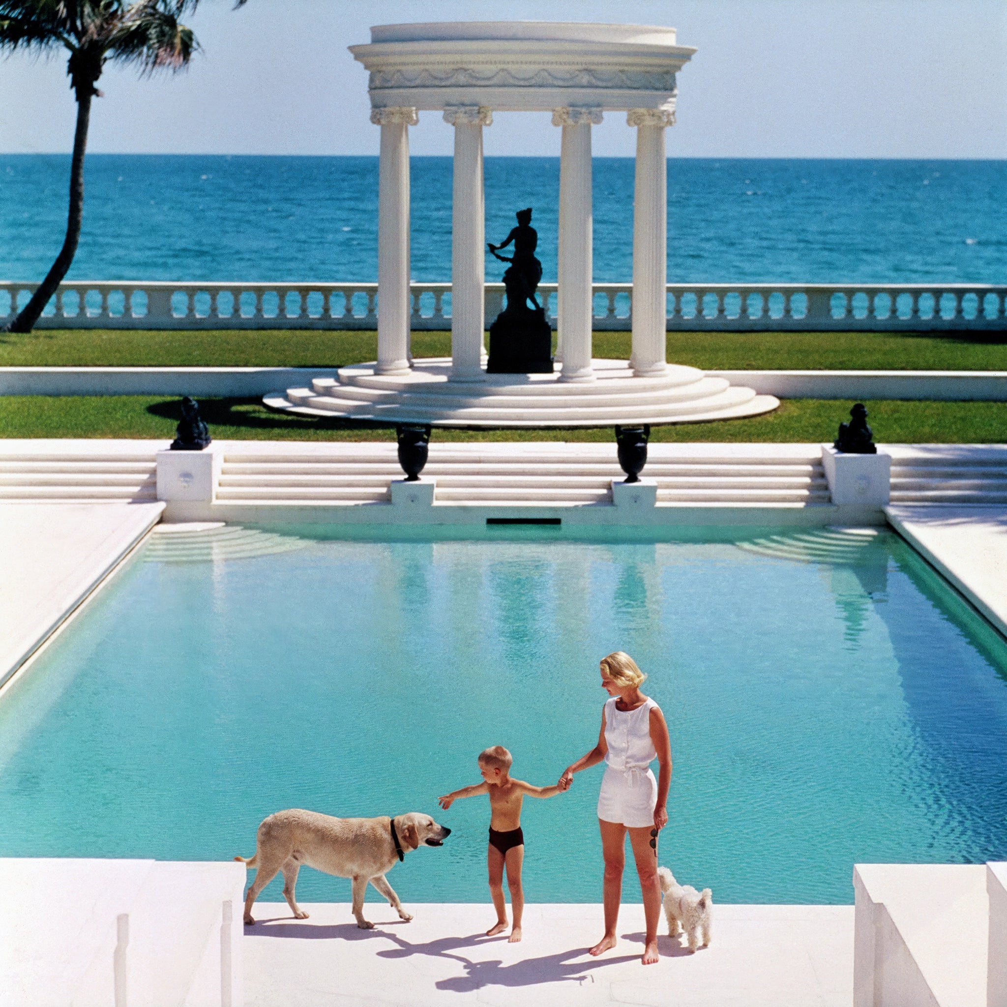 Woman and child with dogs by a pool with ocean view