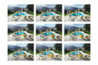 A 3x3 grid of nine photos showing an outdoor swimming pool with lounge chairs, mountains in the background, and people relaxing by the water.