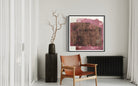 Abstract magenta and neutral canvas by Lidia Beiza styled above living  rooms eating with neutral interior, The Picturalist