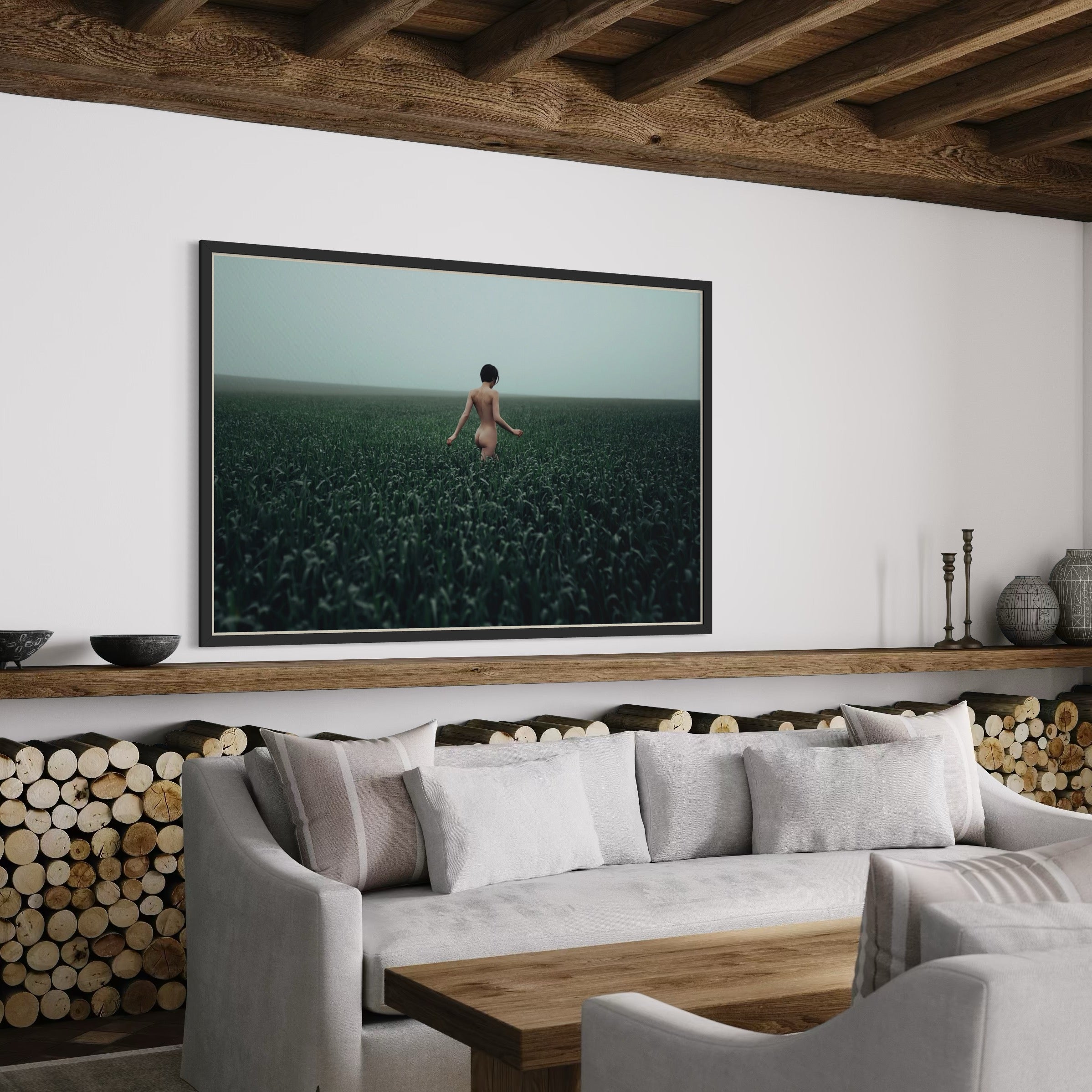 Walking in a Meadow by Igor Ustynsky shown in a modern living room, fine-art photography styled for luxury interiors by The Picturalist.