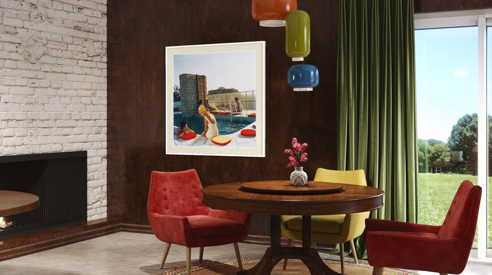 A framed art print depicting a woman in a red bikini by a pool, displayed on a dark brown wall in a modern dining room setting with red and yellow chairs, a wooden table, and green curtains.