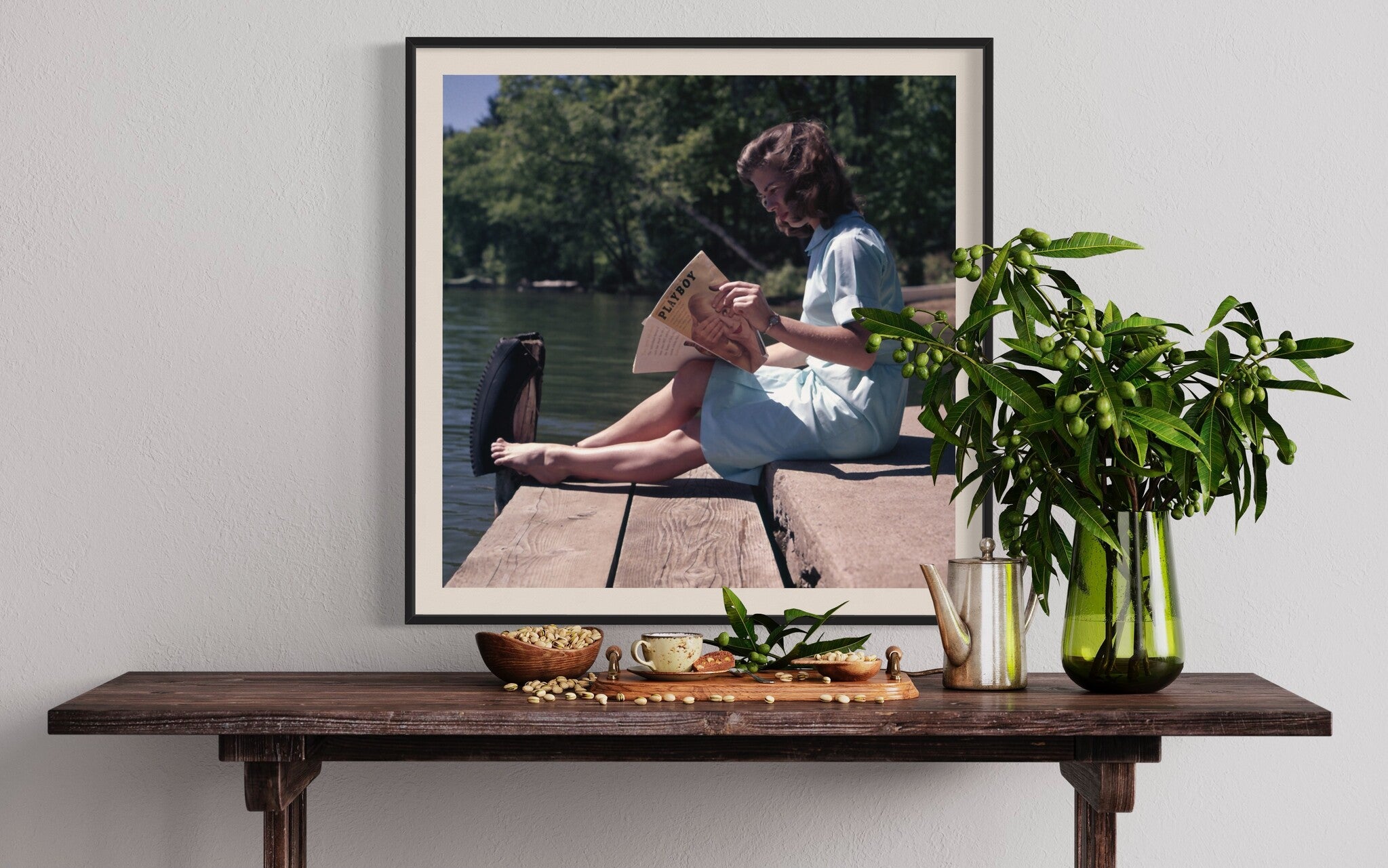 Playful Lakeside vintage fine art print displayed in a hospitality dining area, styled by The Picturalist for boutique hotel interiors.